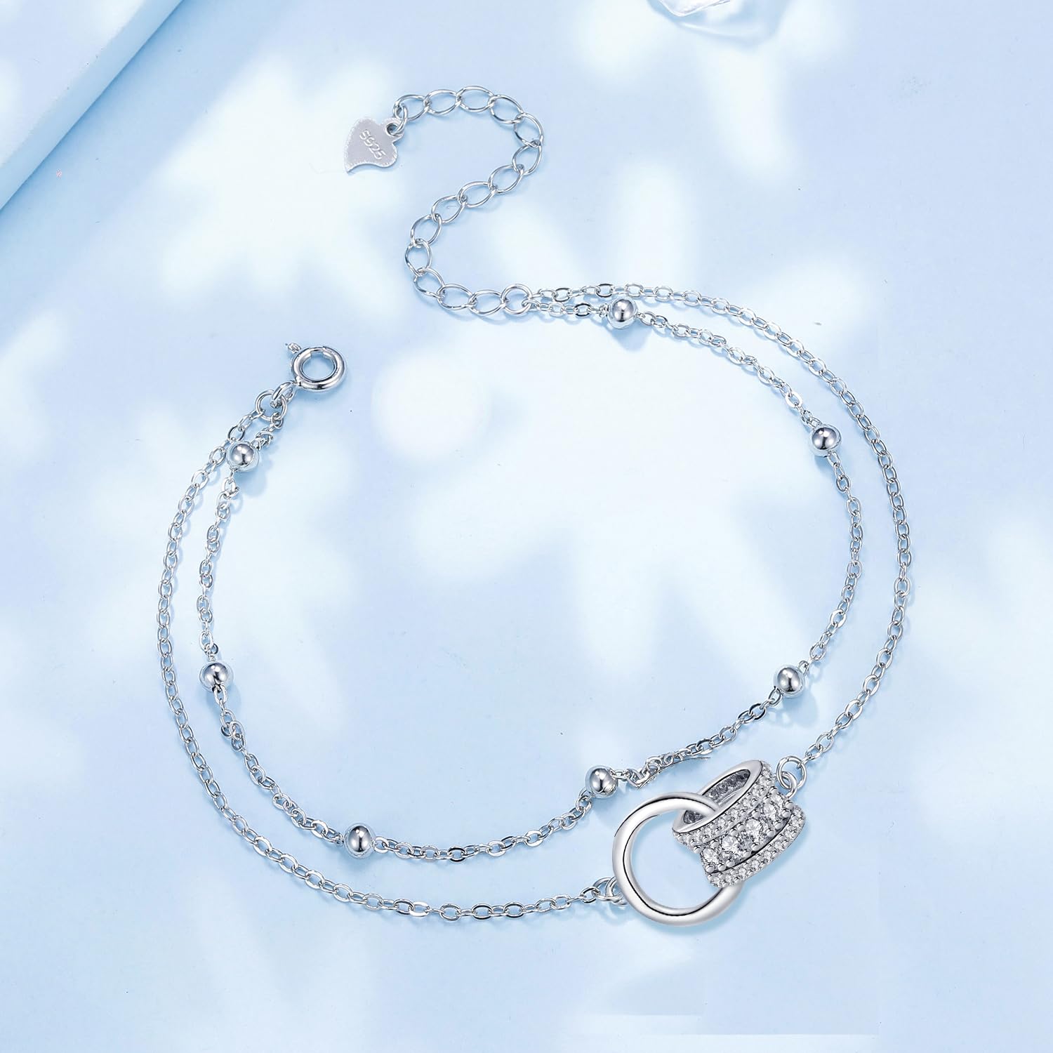 Arrebol Bracciale Donna Argento 925 con Doppia Catena Regalo per Donne Moglie Madri Figlia - Regolabile [16+4cm]