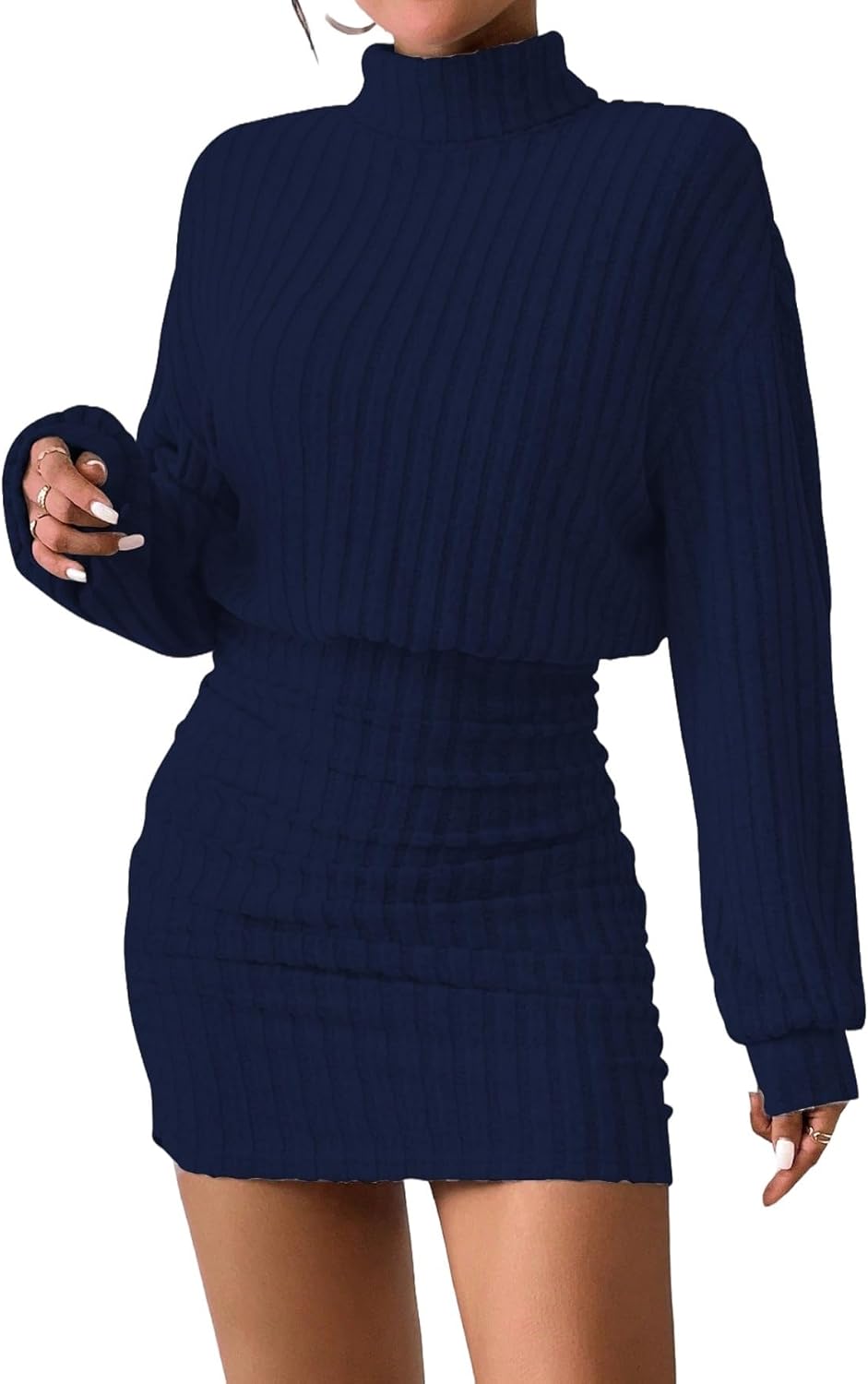 Women's Pullover Sweater Dress Long Lantern Sleeve Turtle Neck Cute Ribbed Knit Bodycon Mini Short Dress 2025 Fall
