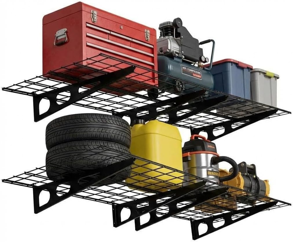 2-Pack Wall Mounted Garage Shelves | 2' x 6', 1600 Lbs Capacity, Durable Heavy Duty Industrial Strength, Adjustable Height/Spacing - for Garage, Kitchen, Laundry, Tool Room & Shopping Mall (Black)