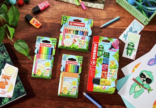 STABILO - Dreikant-Buntstift - Trio dick kurz Animal Vibes - 12er Pack - 12 Farben