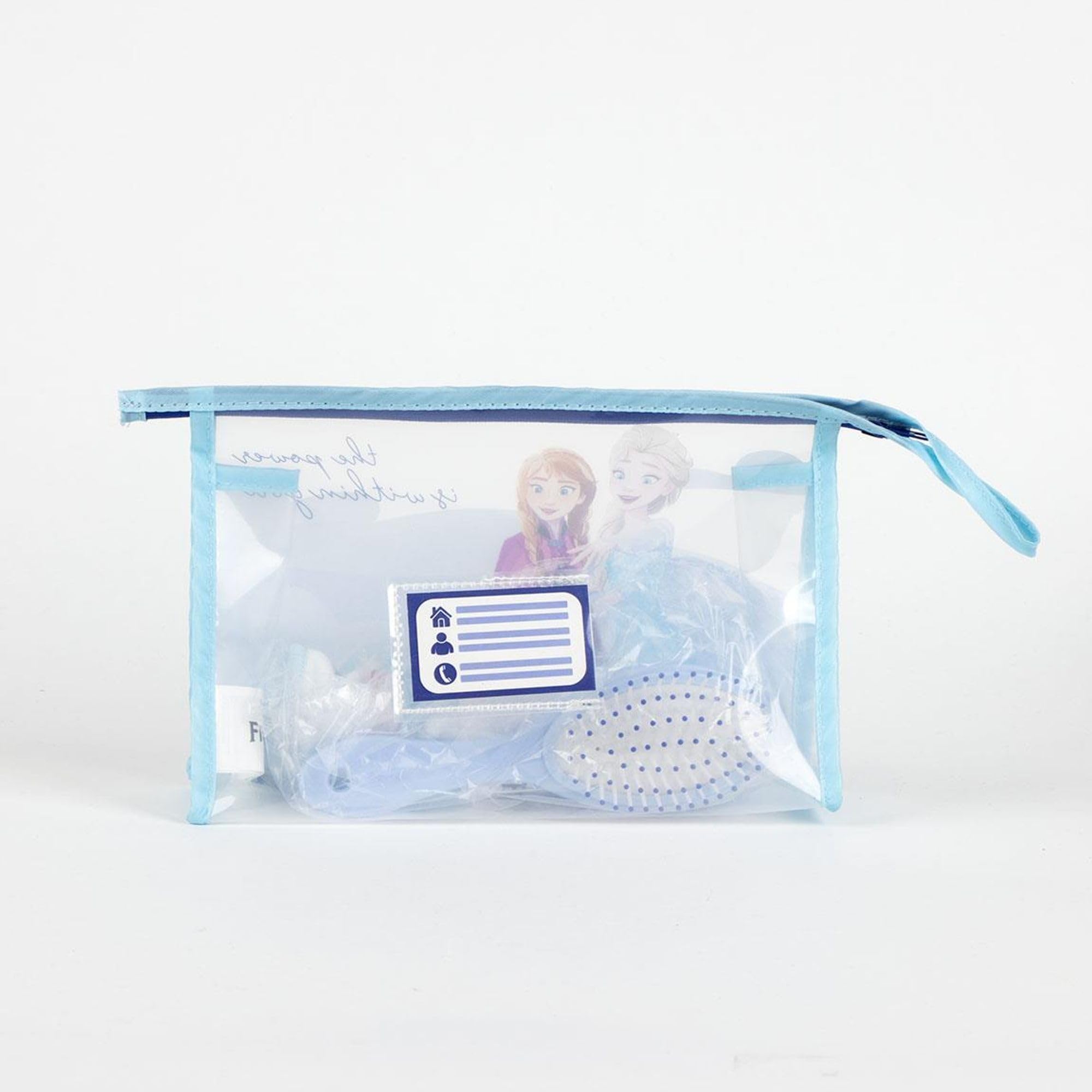 Beauty case toilette viaggio accessori congelati con pettine, asciugamano e sacchetto di congelamento - trousse WC congelato per viaggio o scuola, blu, Beauty case trasparente con chiusura a zip