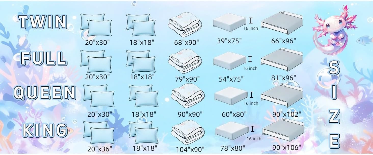 Erosebridal 7 Pieces Teen Girl Axolotl Bedding Set Queen Size - Kids Cute Axolotl Comforter Set with Sheets Cartoon Ocean Sealife Bed in A Bag with Flat Fitted Sheets Kawaii Salamander Bed Sets
