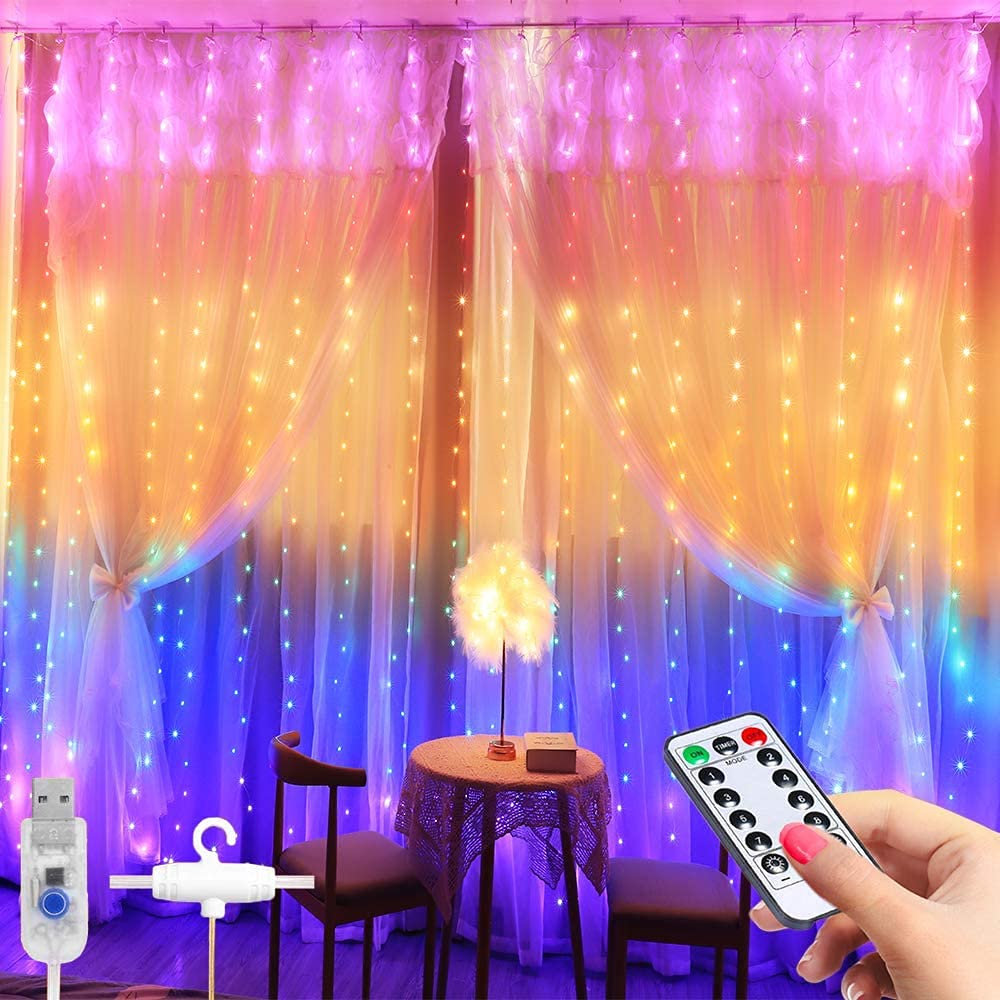 HULX Curtain String Lights, 3m*3m 300LED LED Curtain Lights Window Curtain Fairy Twinkle Lights USB with Remote Window Fairy String Lights (Mutlicolor)