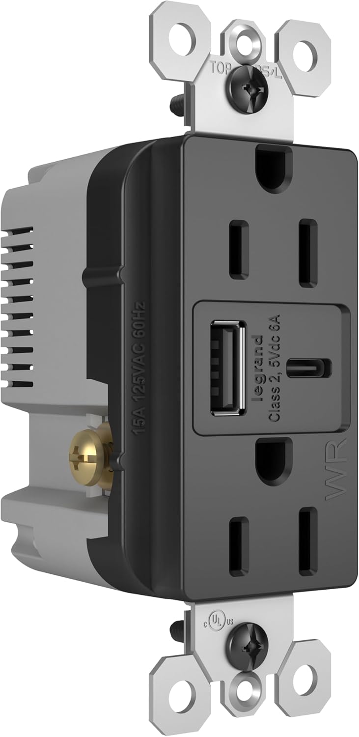 Legrand Pass & Seymour Radiant 15 Amp Weather-Resistant Wall Power Outlet with 2.0 Amp Ultra-Fast USB Charger, Black