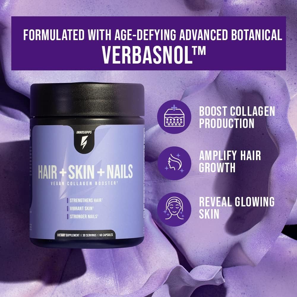 InnoSupps Hair + Skin + Nails Supplement | Vegan Collagen Booster | Biotin, B12, Horsetail Herb Powder | Stimulate Hair Growth, Revitalize Skin, Strengthen Nails | 60 Capsules — Amazon image 2