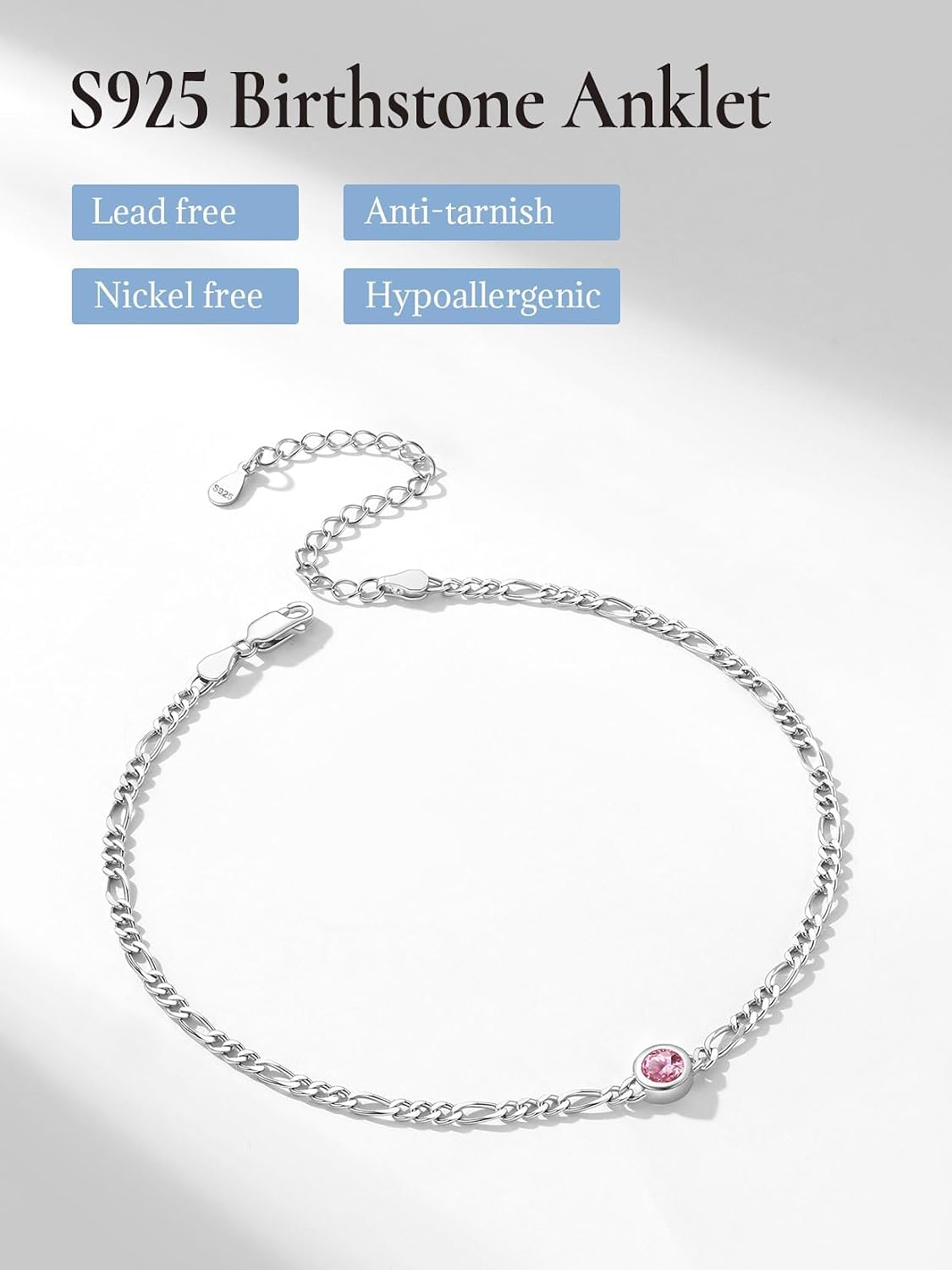U7 SILVERCUTE Sterling Silver Anklets for Women, Large Heart/Round Birthstone Ankle Bracelet with Figaro Chain, Waterproof Summer Beach Foot Jewelry Length 8.5"-10.5"