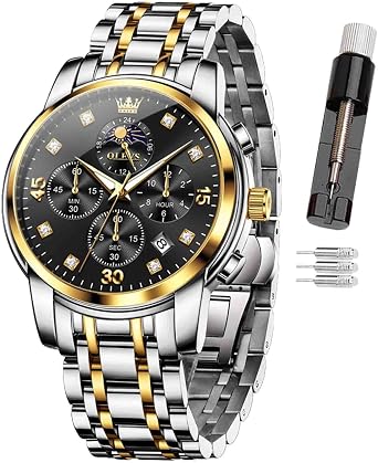 OLEVS Mens Watches Chronograph Stainless Steel Analog Quartz Watch for Men, Business Wrist Watch with Luminous Hands, 24-Hour Moon Phase, Auto Date, Waterproof 30M, Link Adjustment Tool Included
