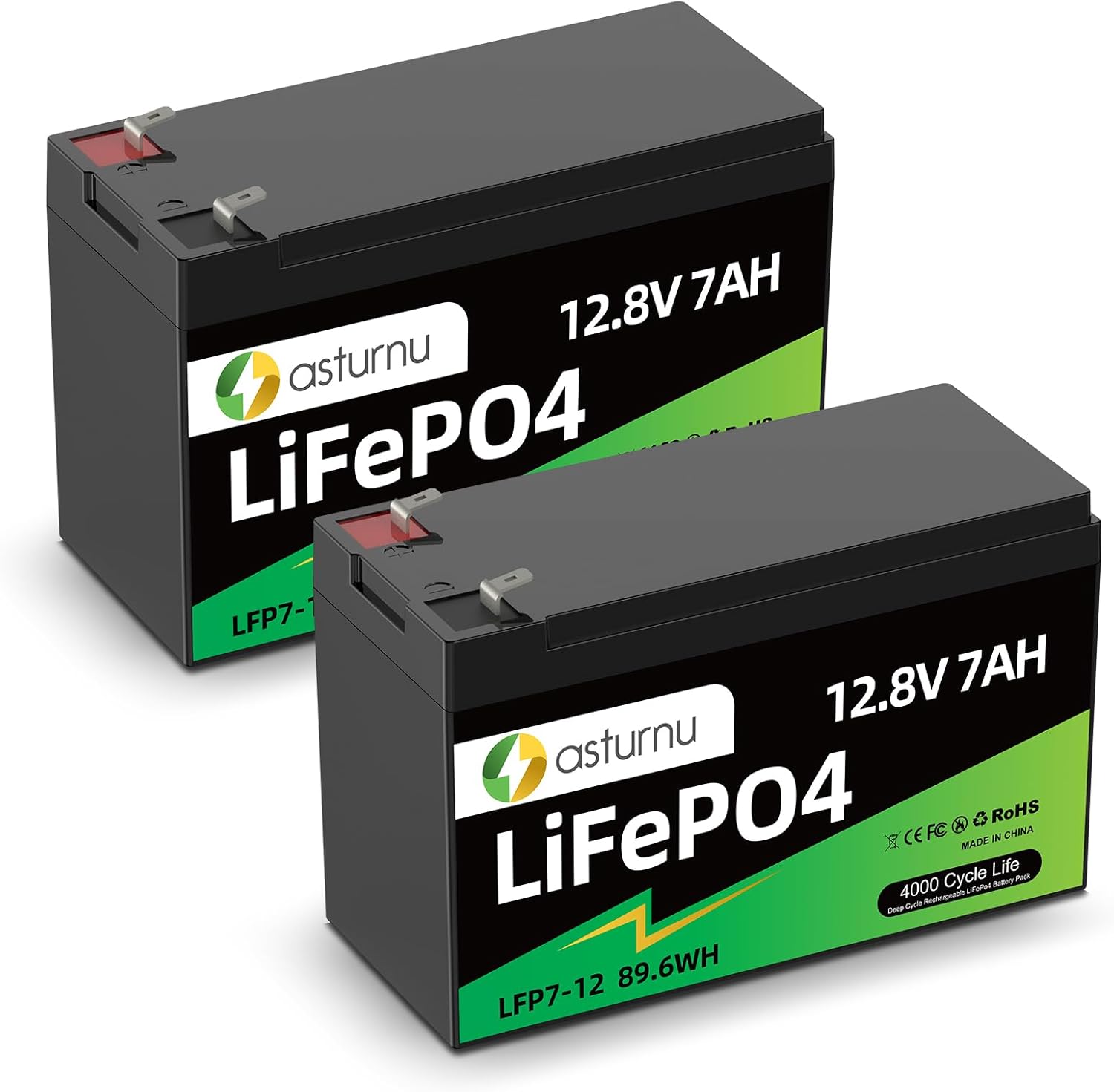 12V 7Ah(8Ah) Lithium LiFePO4 Battery (2 Packs), 4000+ Deep Cycle Lithium Iron Phosphate Rechargeable Batteries, Built-in BMS, Ideal for Replacing Most Backup Power, Lighting, Fish Finder, Ride on Toys