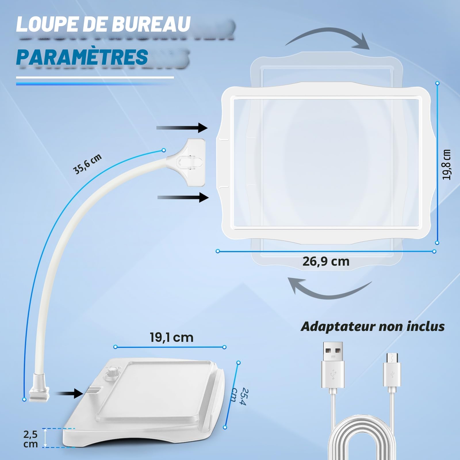 NZQXJXZ 10X Rechargeable Lampe Loupe sur Pied, Lampe Loupe de Bureau | Flexible à Col de Cygne 50 LED, Grande Loupe Eclairante pour la Lecture, la Couture, l'Artisanat, la Peinture, Le Bricolage