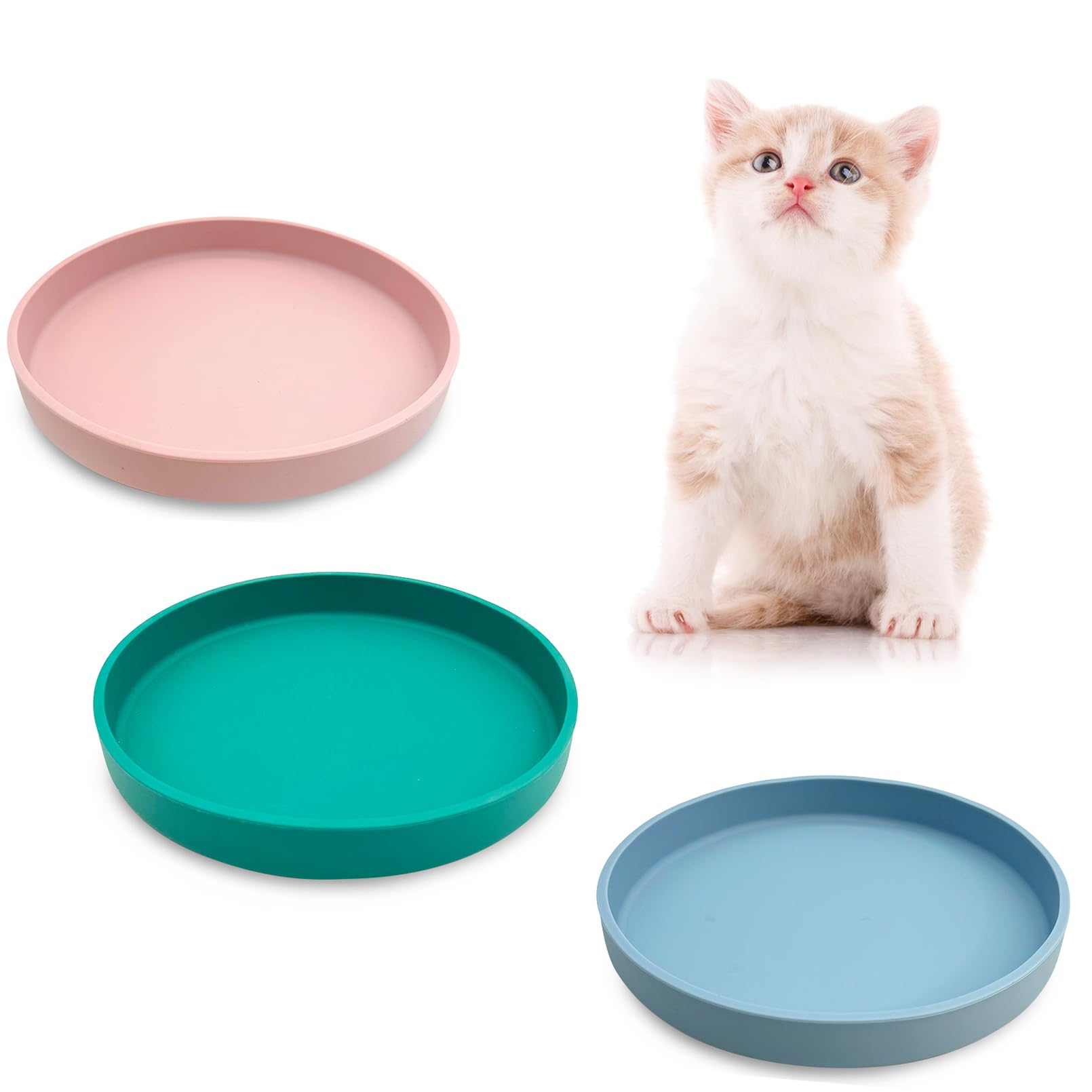 Apatal Silicone Cat Food Bowl Shallow Dishes 5.9in Wide Cats Bowls 3 Pcs Kitty Plates Relief Whisker Fatigue Puppy Feeding Bowl for Dry Food and Wet Food Indoor (Blue + Pink + Green)