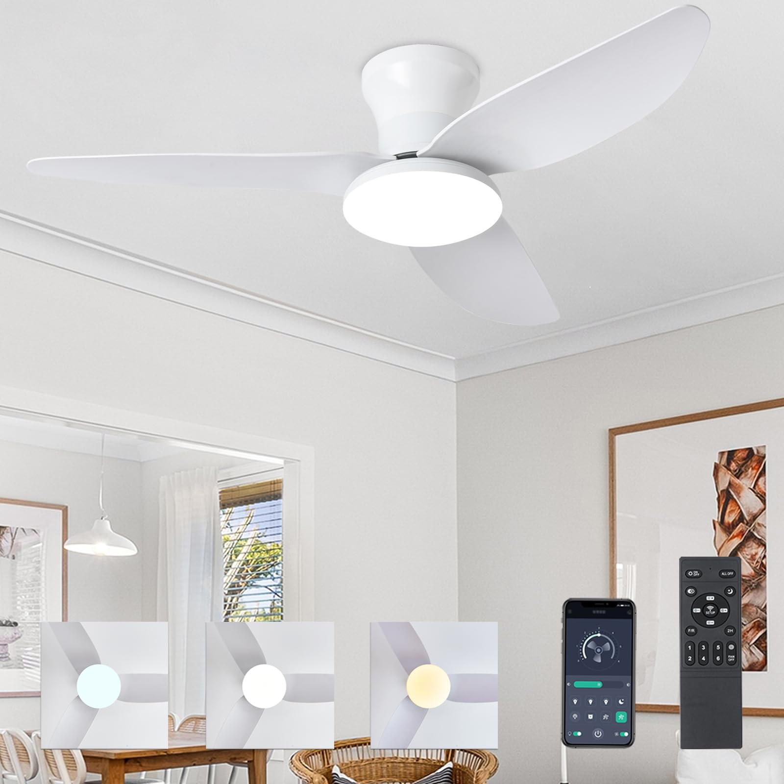 100cm Ventilateur de Plafond avec Lumière et Télécommande, 3CCT LED