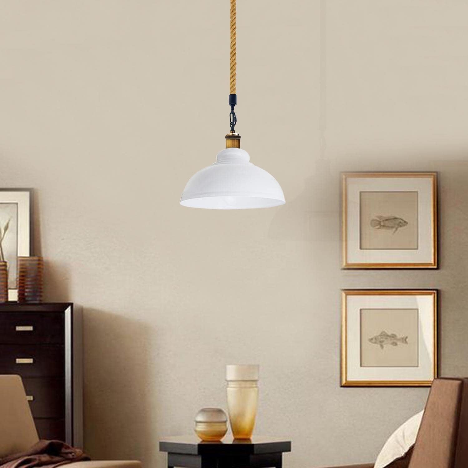 White Dome Pendant Light E26 Ceiling Hanging Lamp with 100cm Adjustable Hemp Cable Metal Shade Retro Industrial Lighting Fixture for Kitchen Island Dining Living Room Cafe(White)