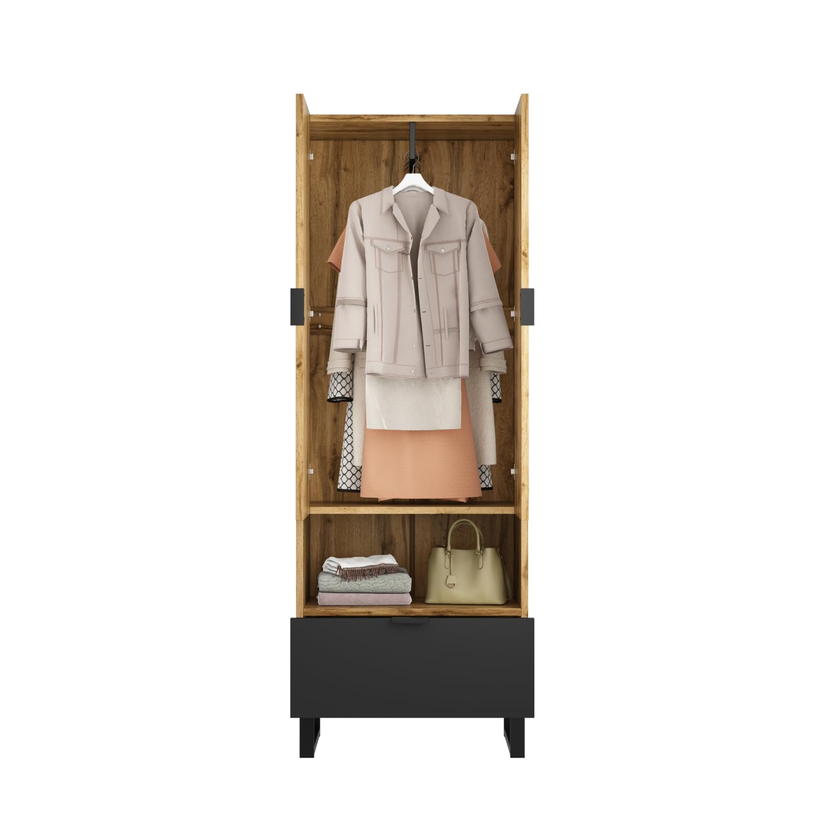 Set di cassetti, guardaroba compatto con ripiani regolabili e asta appendiabiti, set con 2 ante e maniglia, per corridoi e ingresso, 180 x 65 x 38 cm, legno e nero