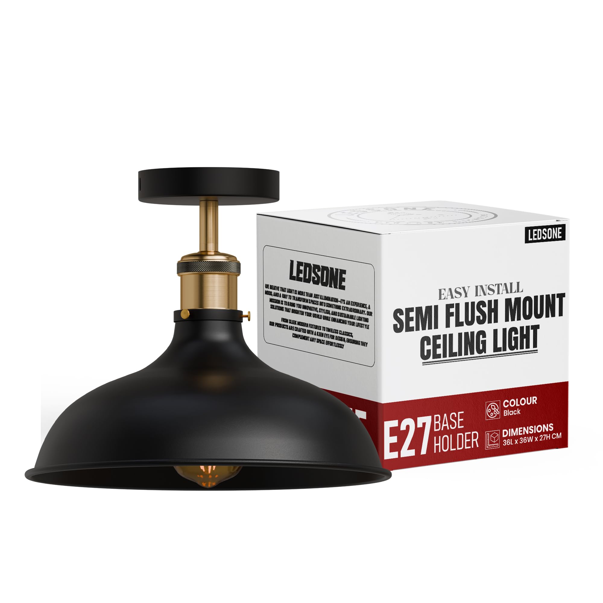 Ledsone Black Without Bulb Vintage Semi Flush Ceiling Light 36Cm Large Black Metal Lampshade E27 Industrial Ceiling Lamp Fixture For Kitchen Living Room Bedroom Hallway Home Decor Without Bulb