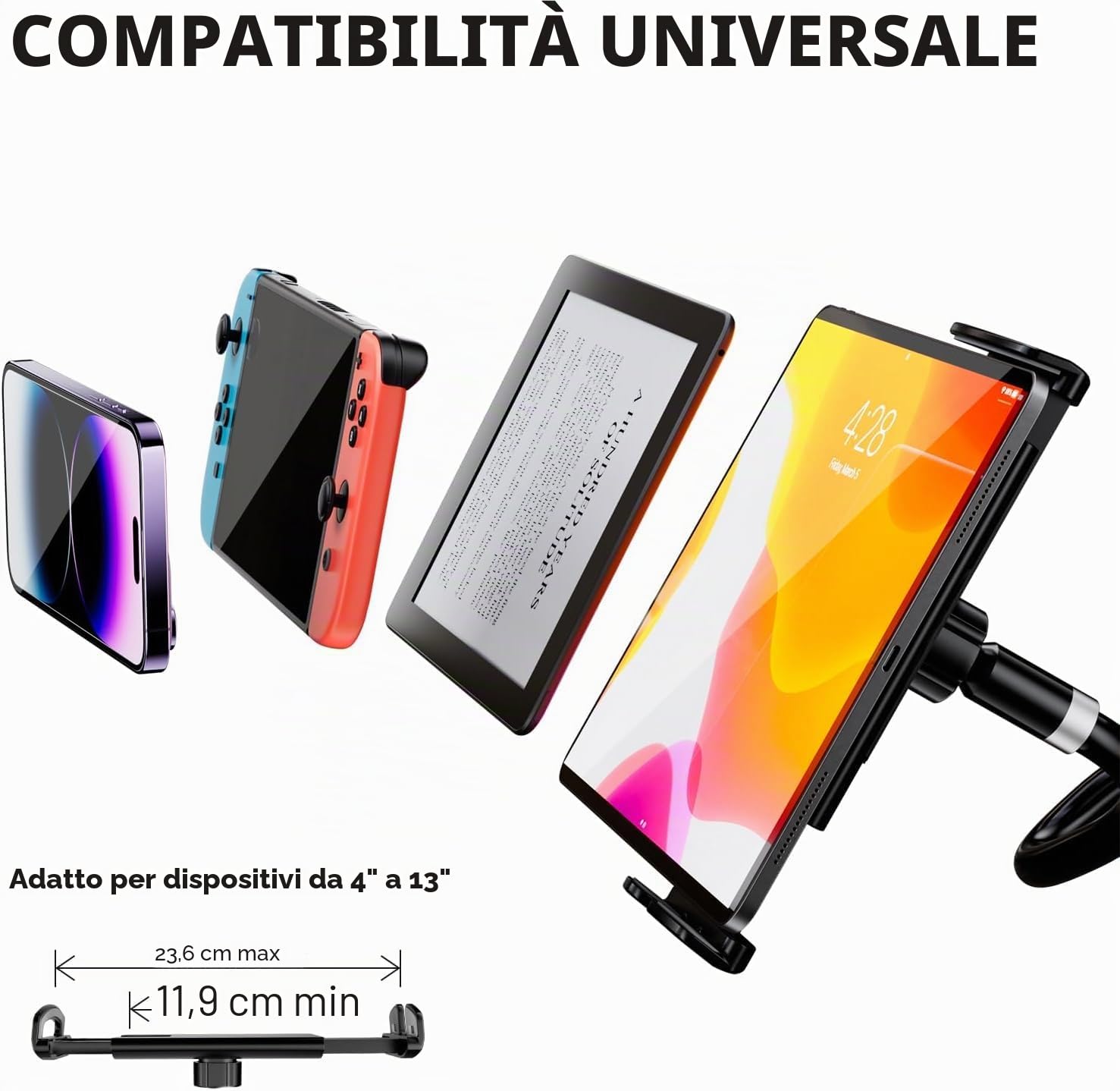 Supporto Tablet e Cellulare per Letto Regolabile Collo Oca Nero - per iPad/iPhone/Nintendo Switch/Kindle