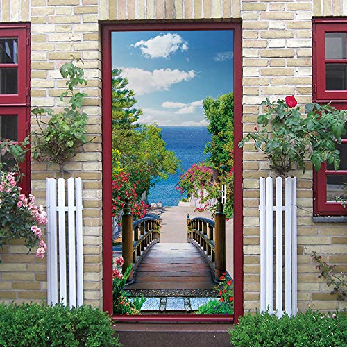 AOHUIFEI Türaufkleber 3D Türfolie Grüne Bäume überbrücken Meerblick Türsticker Selbstklebend Tapete Wasserdichtes Abnehmbare Wohnzimmer Vinyl Wandbild Wohnkultur 77x200cm Cover