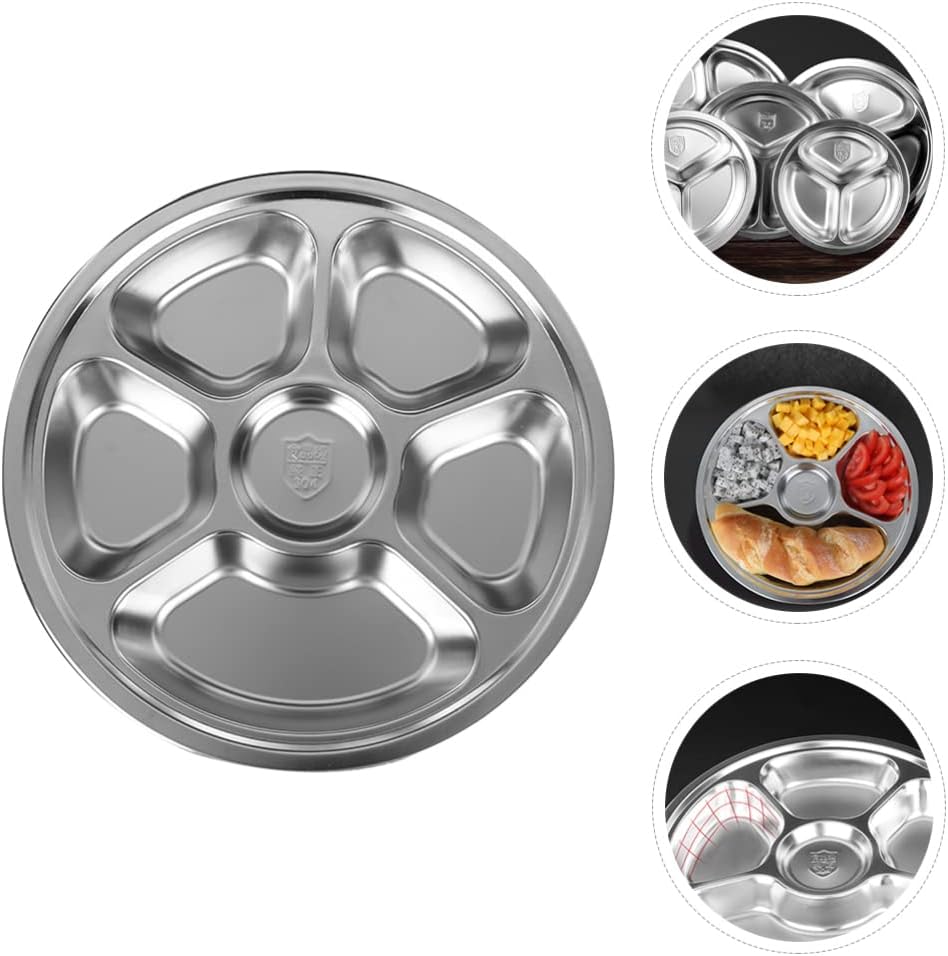 Hemoton Stainless Steel Five-Grid Divided Food Plate 11 Inch Multi-Compartment Serving Tray for Portion Control Lunch Dinner Breakfast