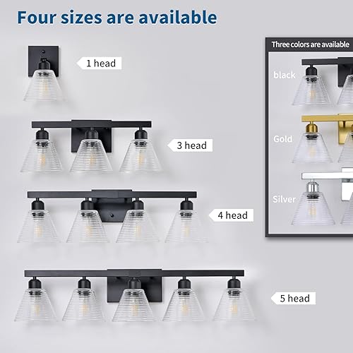 Miniatura 8 de Lámpara de tocador de baño de 1 luz, accesorios de iluminación de baño modernos negros con pantalla de vidrio transparente, apliques de pared de