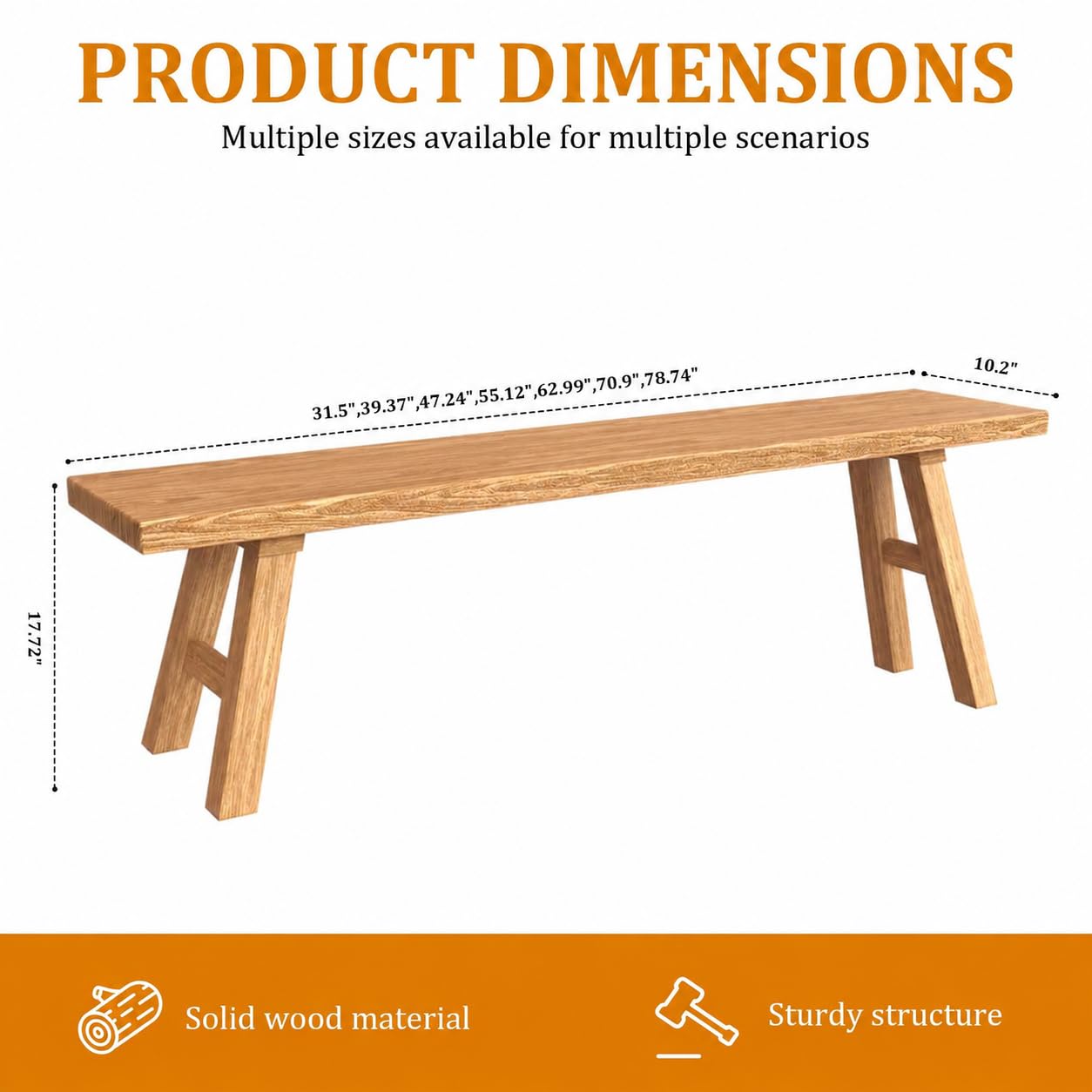 Solid Wood Entryway Bench - Rustic Elm Farmhouse Dining Bench for Hallway, Bedroom, Kitchen - 2-Person Seating, Natural Wood Finish