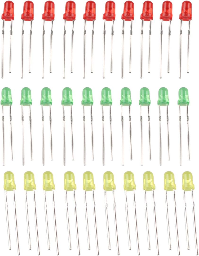 HALJIA 3mm LED Light Emitting Diode Set Lamp Assorted Kit Red + Yellow + Green (30PCS)