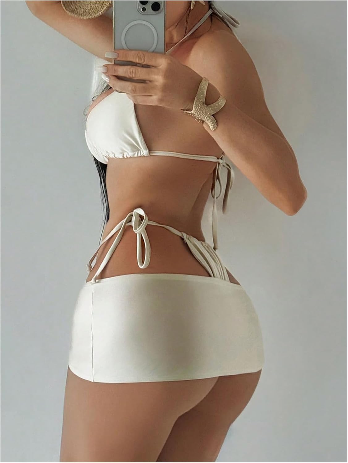 OYOANGLE Women's 3 Piece Shell Decor Micro Bikini Set Triangle String Thong Swimsuit with Cover Up Skirt - Image 2