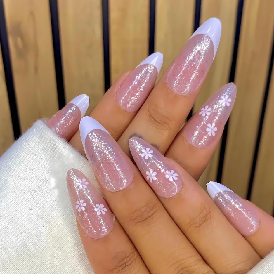 Floral French Tip Press On Nails – 24 Long Almond Glitter Nails with Daisy Design | Reusable False Nails with Glue Tabs for Women
