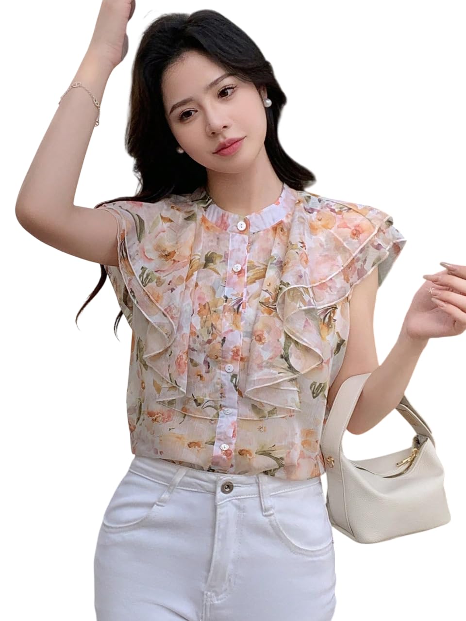 Women’s Shirt | Premium Chiffon Allover Print Sleeveless Shirts for Casual & Office Wear | Stylish Summer Button-Down Shirt for Girls & Women