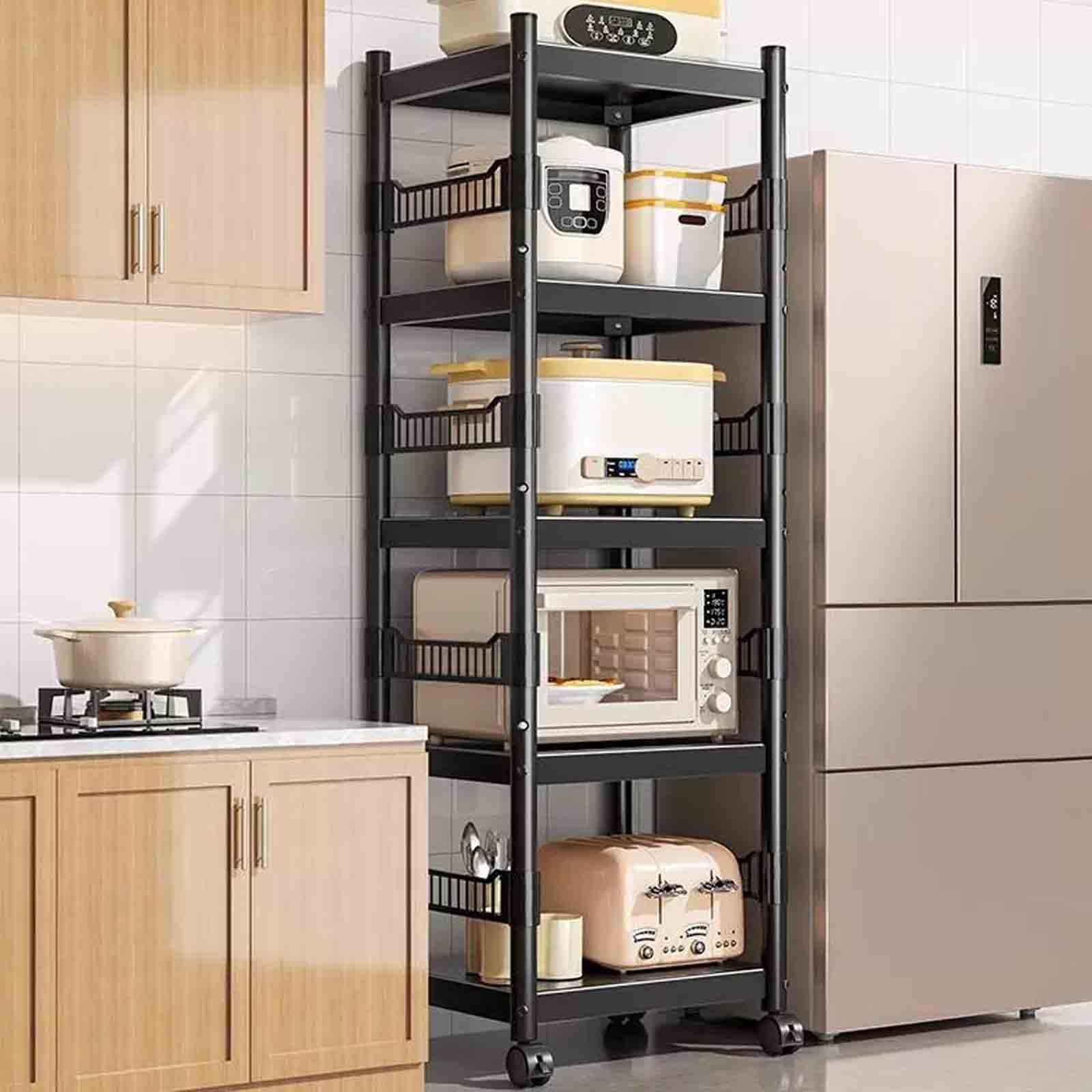 Scaffalatura in metallo resistente a 5 ripiani con ruote girevoli, scaffale versatile per dispensa, camera da letto, lavanderia e armadio