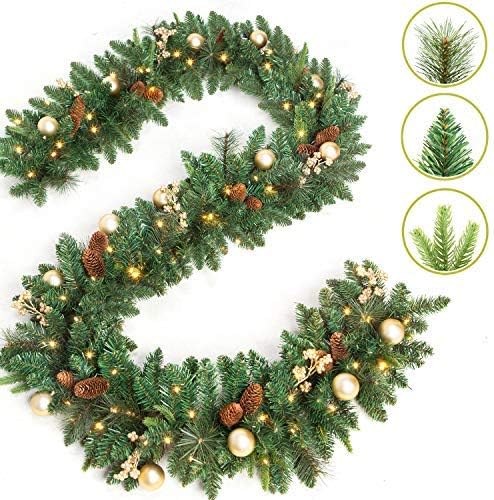9 Foot by 12 Inch Christmas Garland with 50 Clear Lights, 340 Branch Tips, Three Different Types of Green Leaves, Pinecones, Gold Berries and Gold Ball by LIFEFAIR