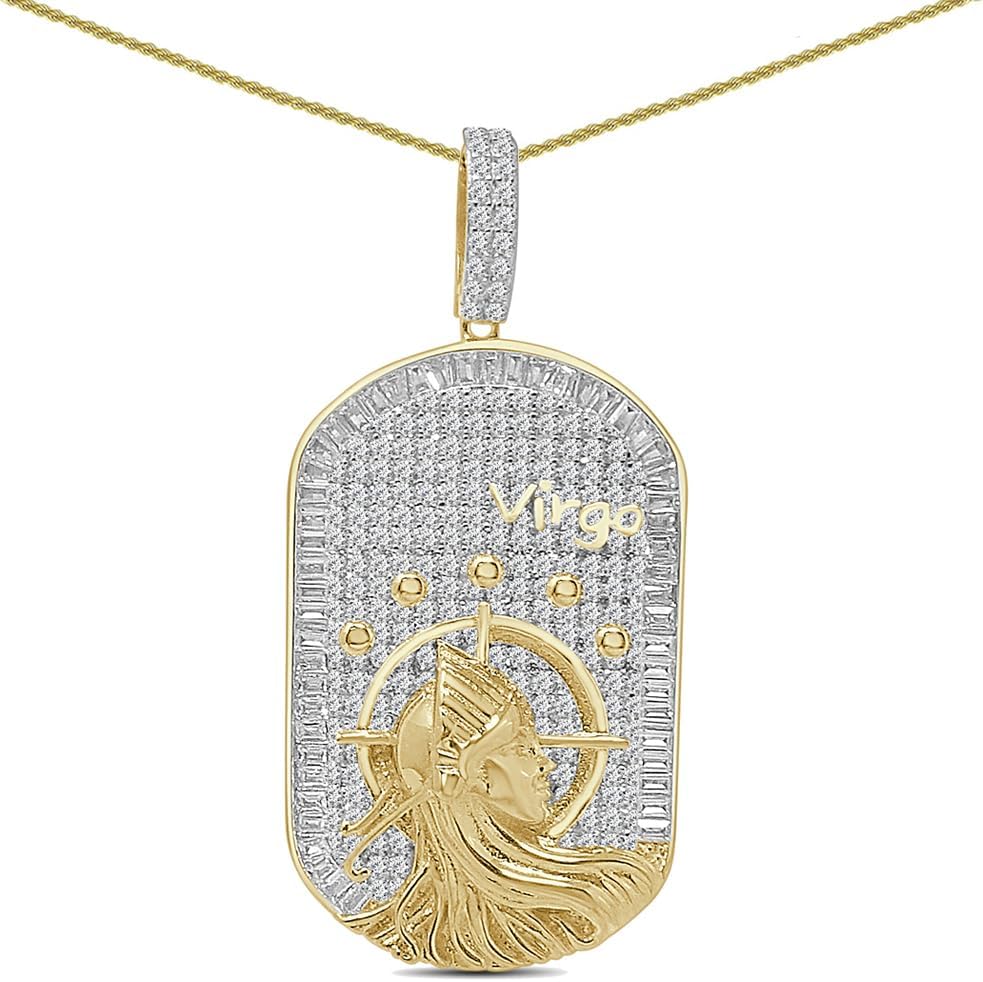 Real Genuine Authentic Natural Moissanite Diamonds VVS1/D 4.40 Ctw. 14K Solid Yellow Gold Bonded Zodiac Lucky Birth Sign Horoscope Astrological Dog Tag Charm Pendant Chain Neckless Set