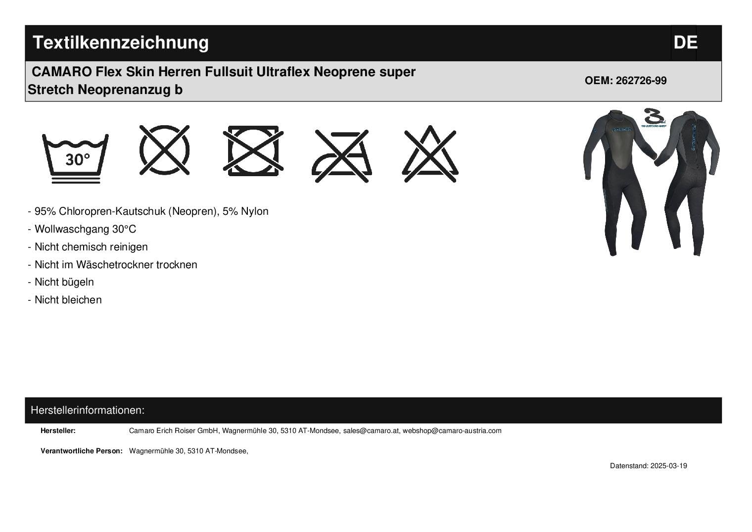 CAMARO Flex Skin Herren Fullsuit Ultraflex Neoprene super Stretch Neoprenanzug bis 6XL