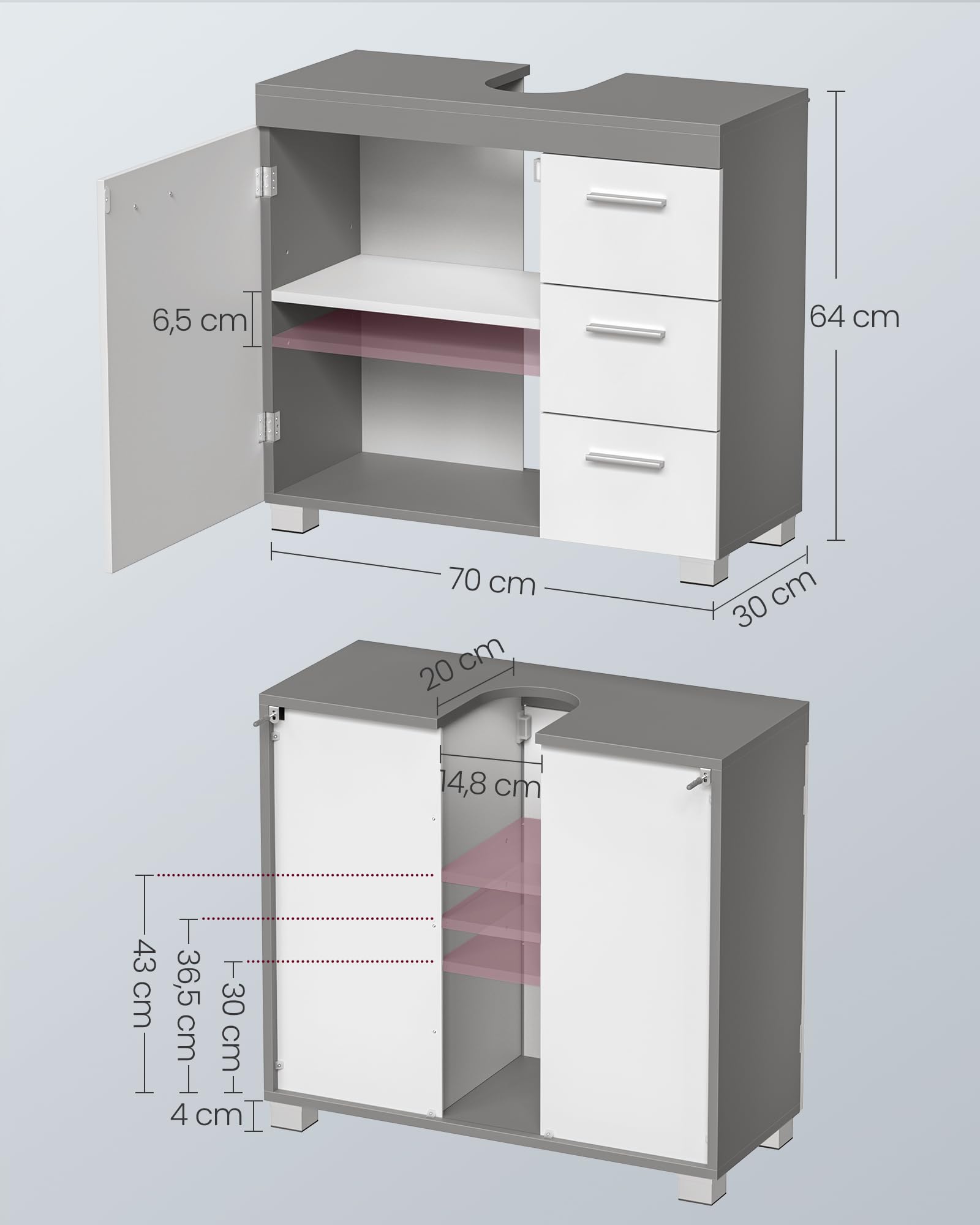 VASAGLE Mueble Bajo Lavabo, Armario de Baño, 3 Cajones, 2 Compartimentos Detrás de la Puerta, con Pies, 30 x 70 x 64 cm, Gris Cemento y Blanco Nube BBK503T49