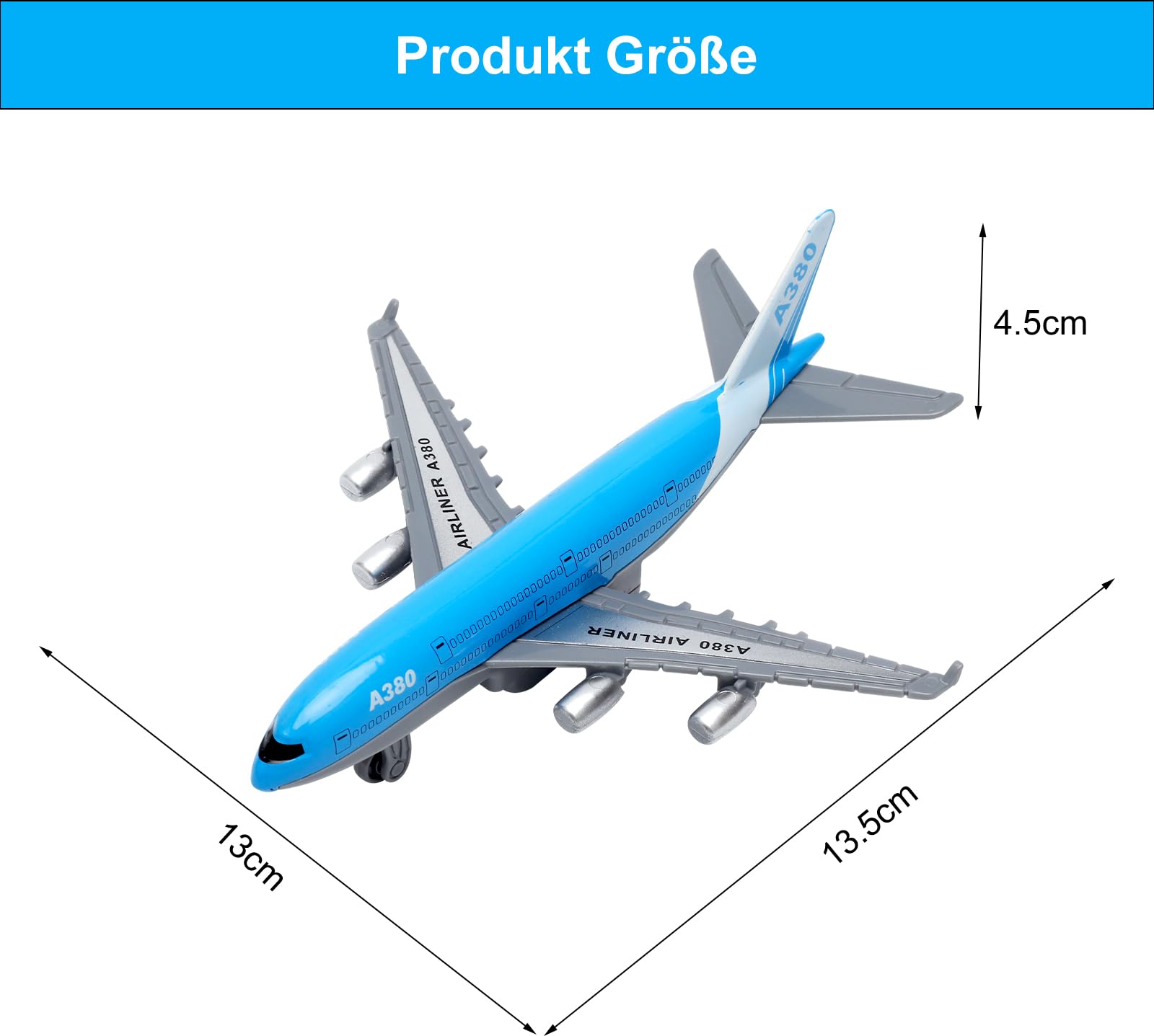 Airbus A380 zabawka do samolotu – mini metalowy model samolotu z funkcją wyciągania dla dzieci od 3 lat, plandeka powietrzna dla dzieci, idealna jako zabawka na lotnisku i prezent (długość 14 cm