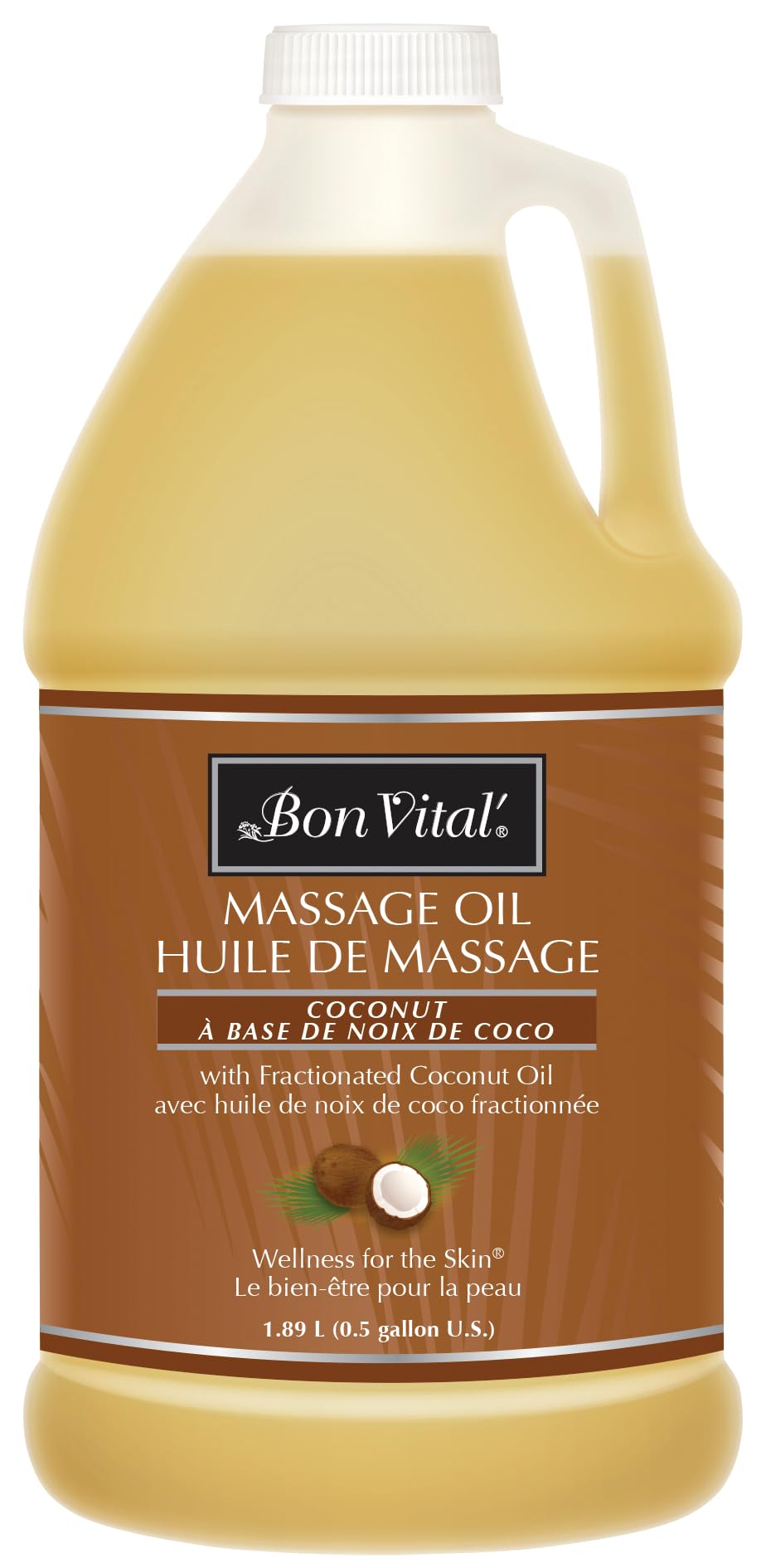 Bon Vital' Coconut Massage Oil, 1/2-Gallon Container, 100% Pure Fractionated Coconut Oil for Dry Skin, Lightweight Non-Greasy, Neutral Scent,