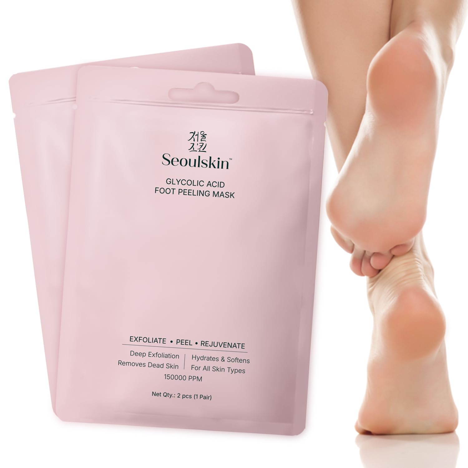 Glycolic Acid Foot Peeling Mask, 150000 PPM (2 Pairs) Korean Peeling & Exfoliating | Deep Exfoliation with Glycolic Acid, Hydrates & Softens, Removes Dead Skin, Cruelty-Free, Vegan, Paraben-Free Foot Peel Off Mask for All Skin Types
