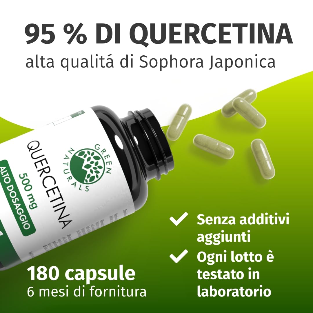 Green Naturals® Quercetina ad alto dosaggio – 500 mg da estratto naturale di Sophora japonica – 100% vegana & senza additivi – 180 capsule (6 mesi)
