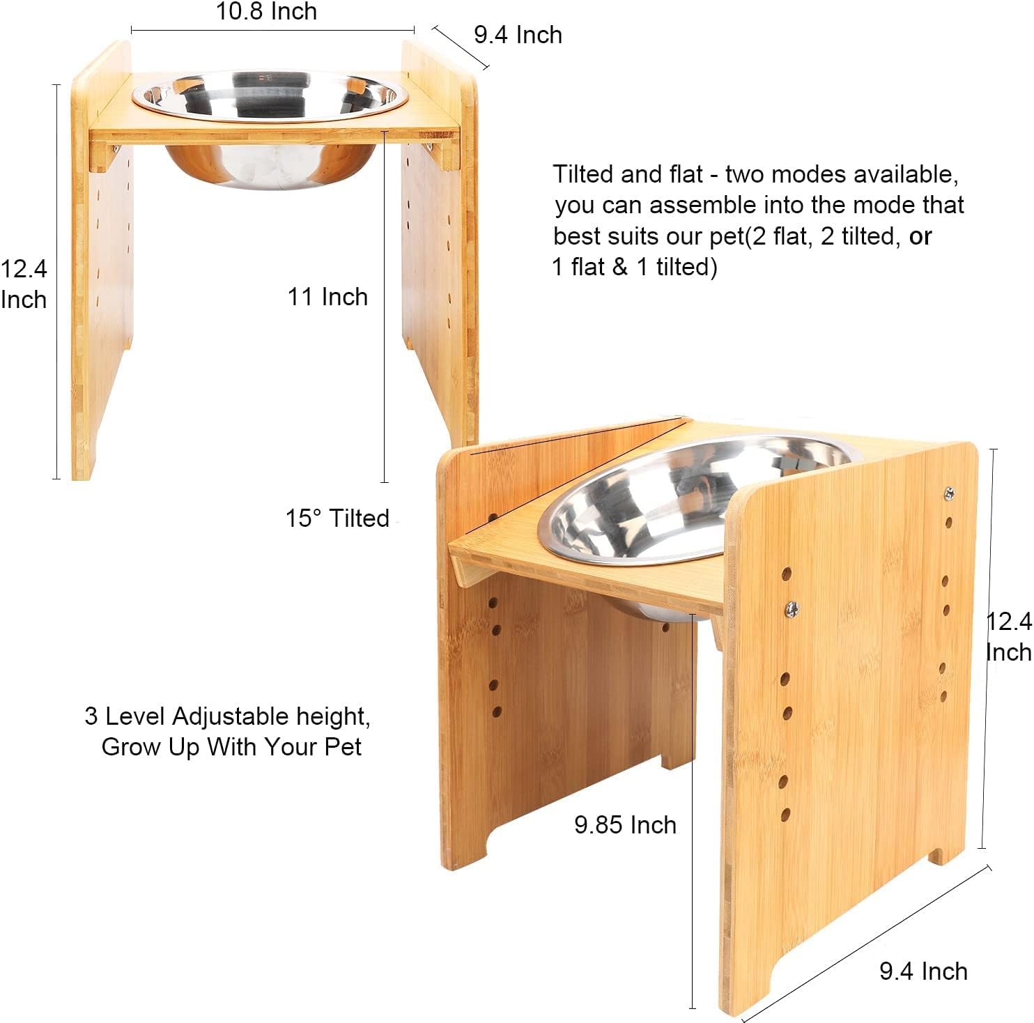 FOREYY Set of 2 Raised Pet Bowls for Cats and Dogs - Bamboo Tilted Single Elevated Dog Cat Food and Water Stand Feeder with Ceramic Bowl and Anti Slip Feet for Comfort Feeding(Large)