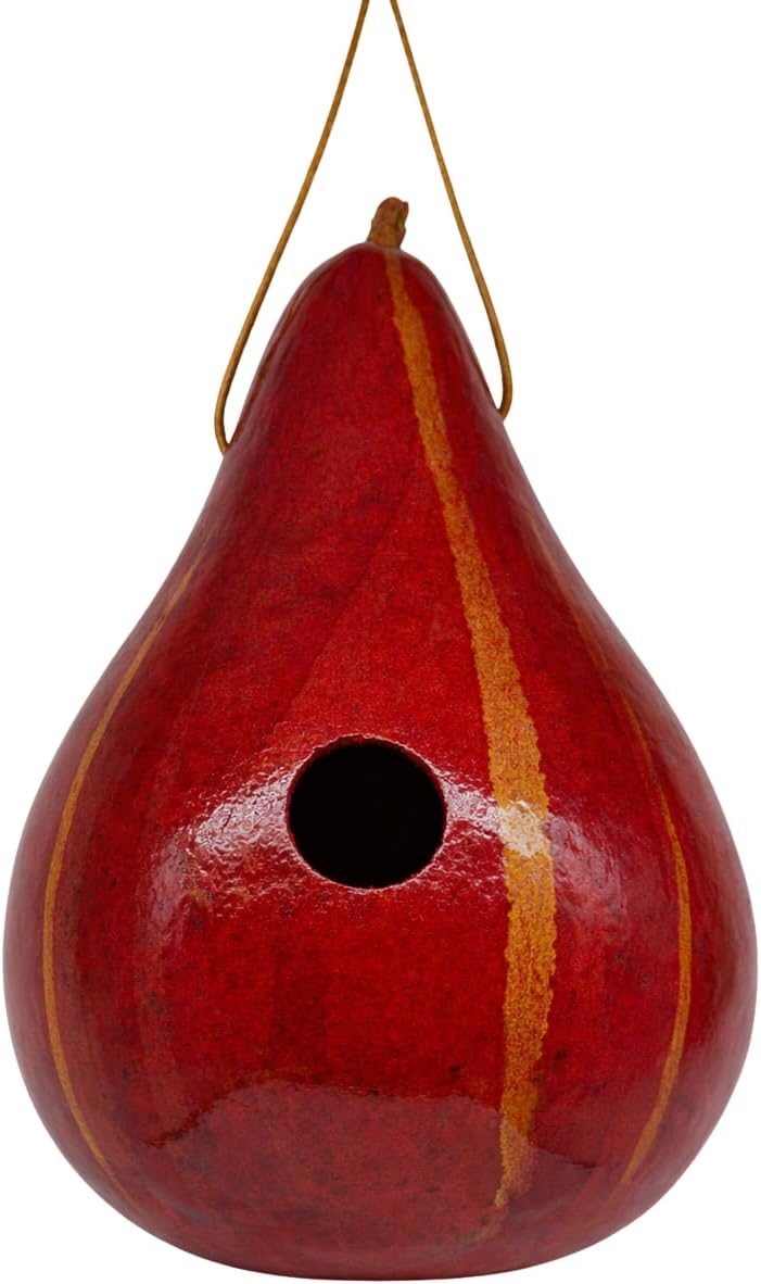 Hanging Gourd Birdhouse for Wrens & Chickadees, Red with Orange Stripes, Natural Gourd, Rustic Style, Handcrafted Outdoor Bird House
