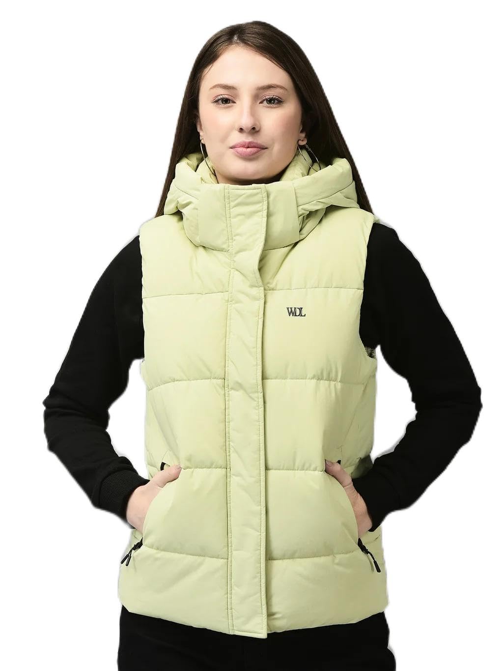 Women’s Green Solid Regular Fit Quilted Sleeveless Lightweight Windproof & Water-Resistant with Zipped Pockets & Cozy Hood – Trendy Lime Green Winter Vest for & Casual Wear