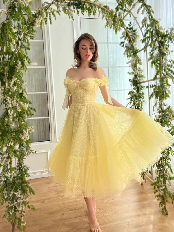 Dotted Tulle Off The Shoulder Prom Dresses for Women 2025 Sweetheart Midi Puffy Formal Party Gowns YH714