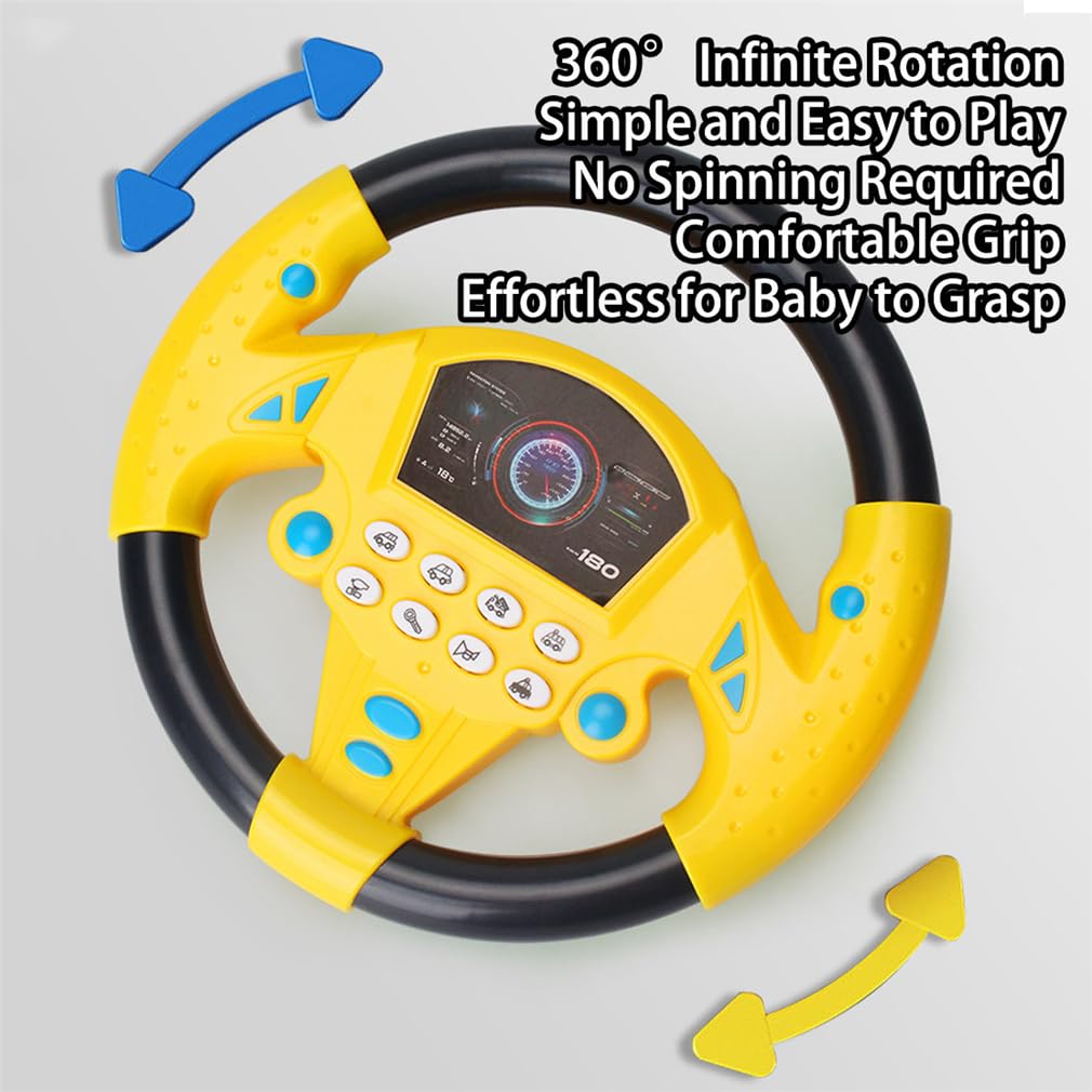 360° Rotating Musical Steering Wheel - Portable Car Back Seat Driving Simulation Toy, Fun Tunes & Realistic Driving Sounds, Travel Activity for On-Road Entertainment During Trips (Yellow)