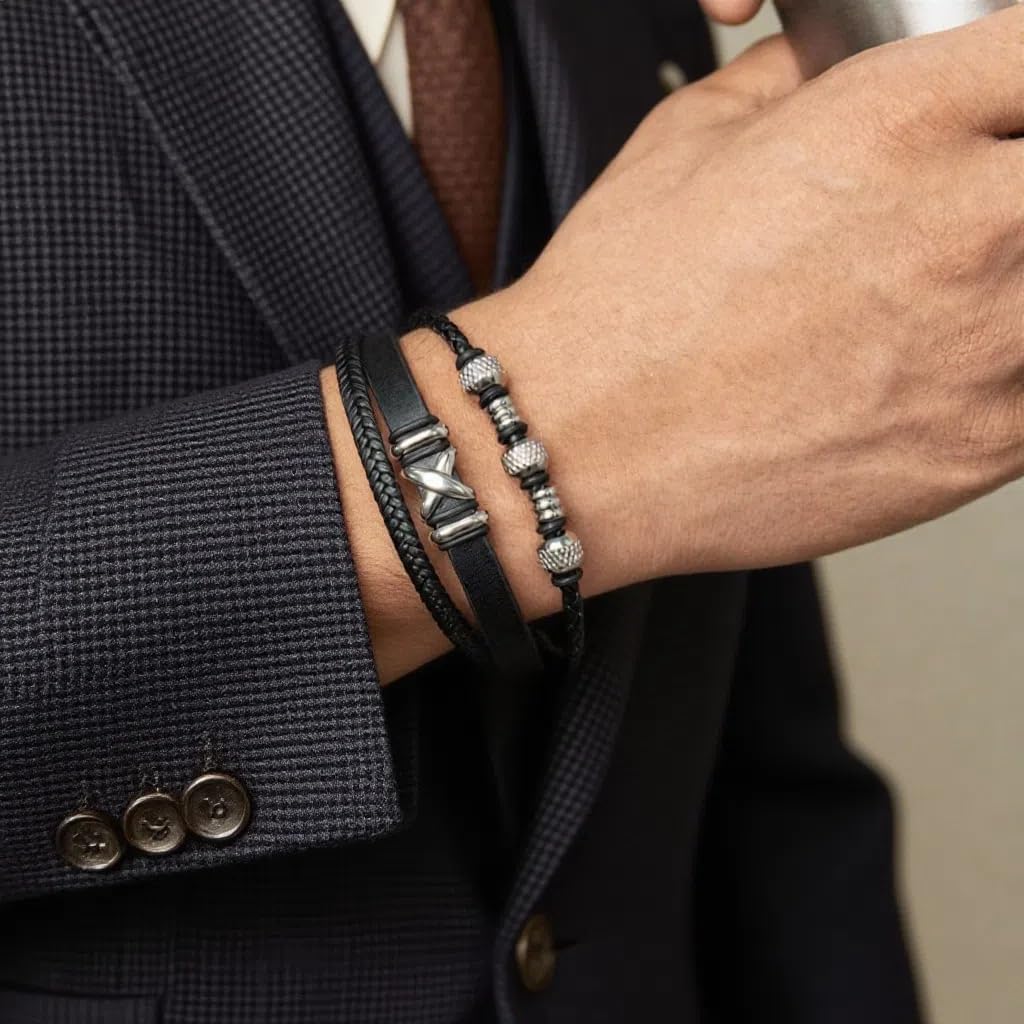 black genuine leather bracelet for men with adjustable stainless steel magnetic clasp - multi-layer braided rope design - stylish bracelet for men Fits wrist sizes 6.1-7.5 inches. - Image 4