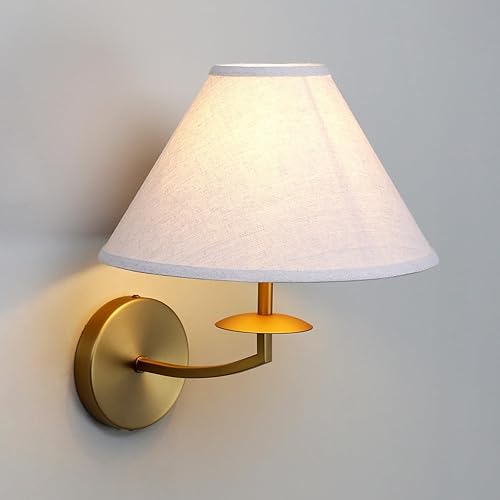 PERMO Aplique de pared clásico vintage dorado antiguo con pantalla de tela de lino, base E26, apliques cableados para interiores para baño,