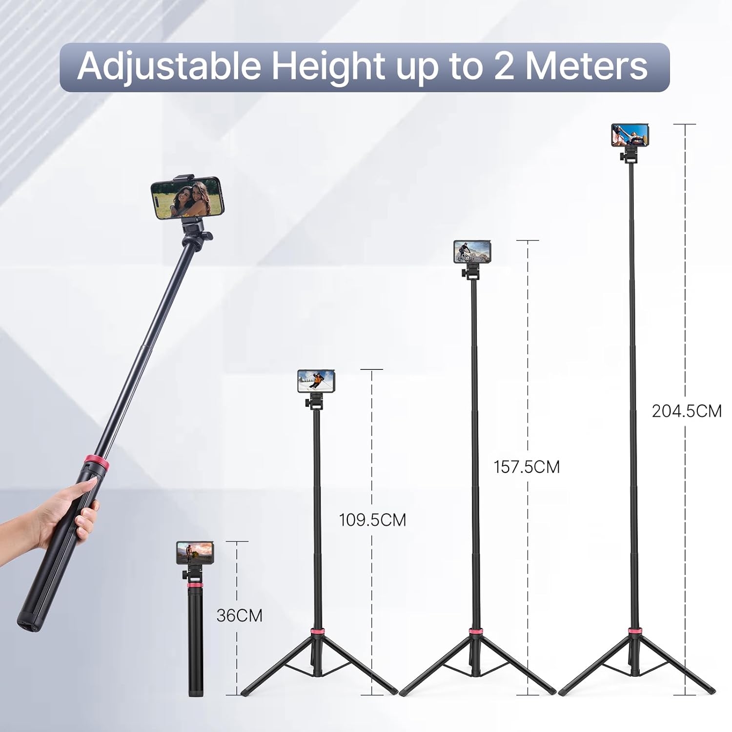 ULANZI MT-79 tripod demonstrating various adjustable heights from 36cm to 204.5cm, with a smartphone mounted.