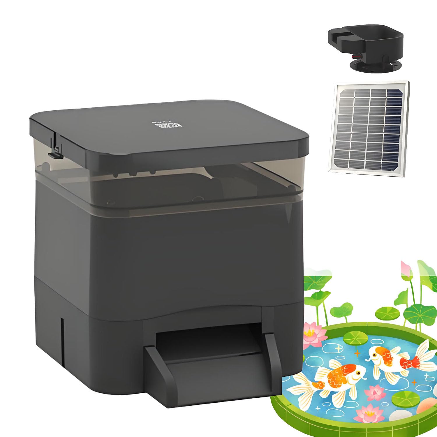BOOZXCV Solar Automatic Fish Feeder - 120° Wide Dispersion Timer & Large Capacity Dispenser for Koi, Goldfish & Outdoor Ponds - Ideal Fish Food Dispenser for Aquariums (Black 4L)