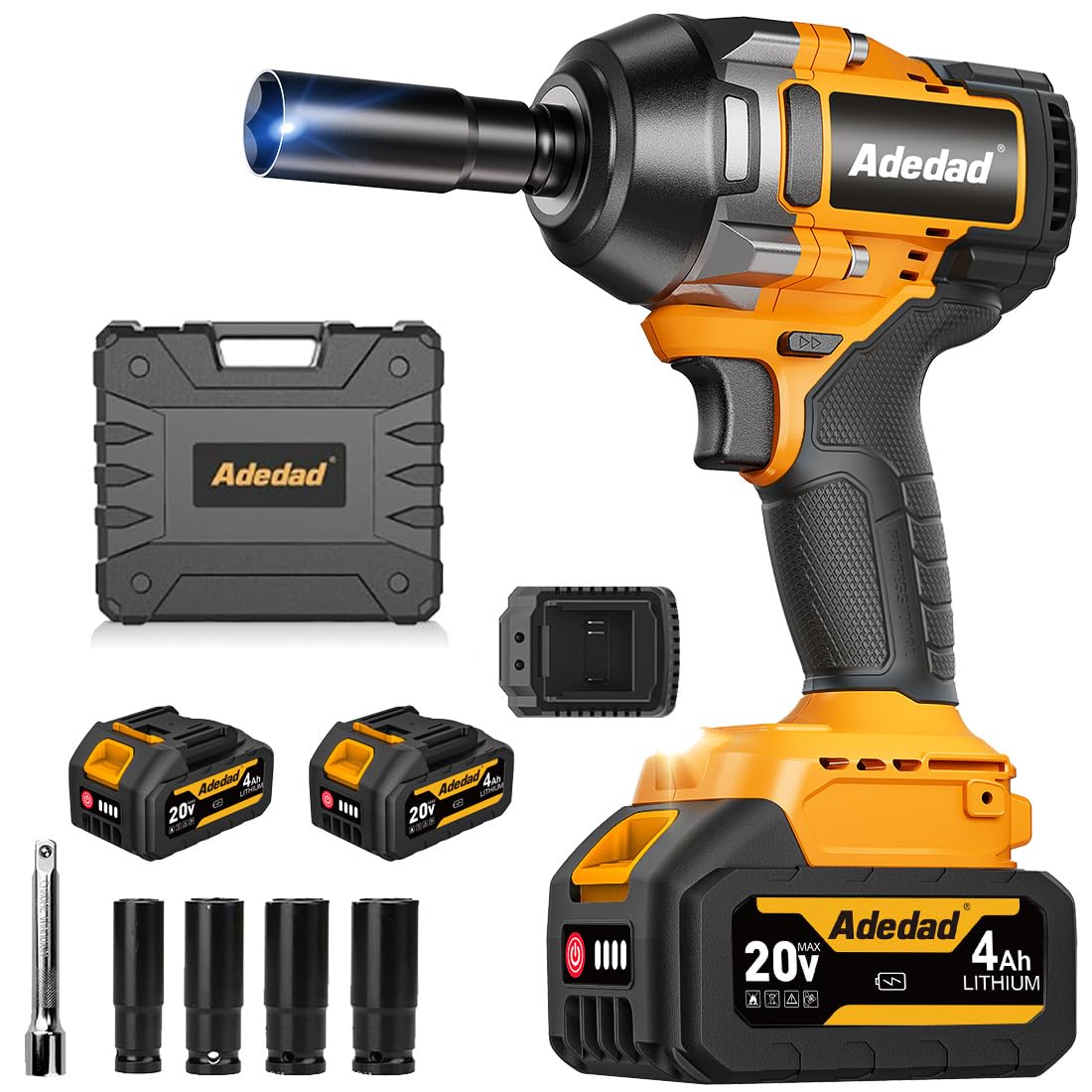 Adedad 1000N.m Cordless Impact Wrench 1/2 inch,20V 740ft-lbs High Torque Impact Gun with 2 x 4.0 AH Batteries,Sockets and Case,Brushless Power Impact Driver for Automotive and Heavy Duty Use