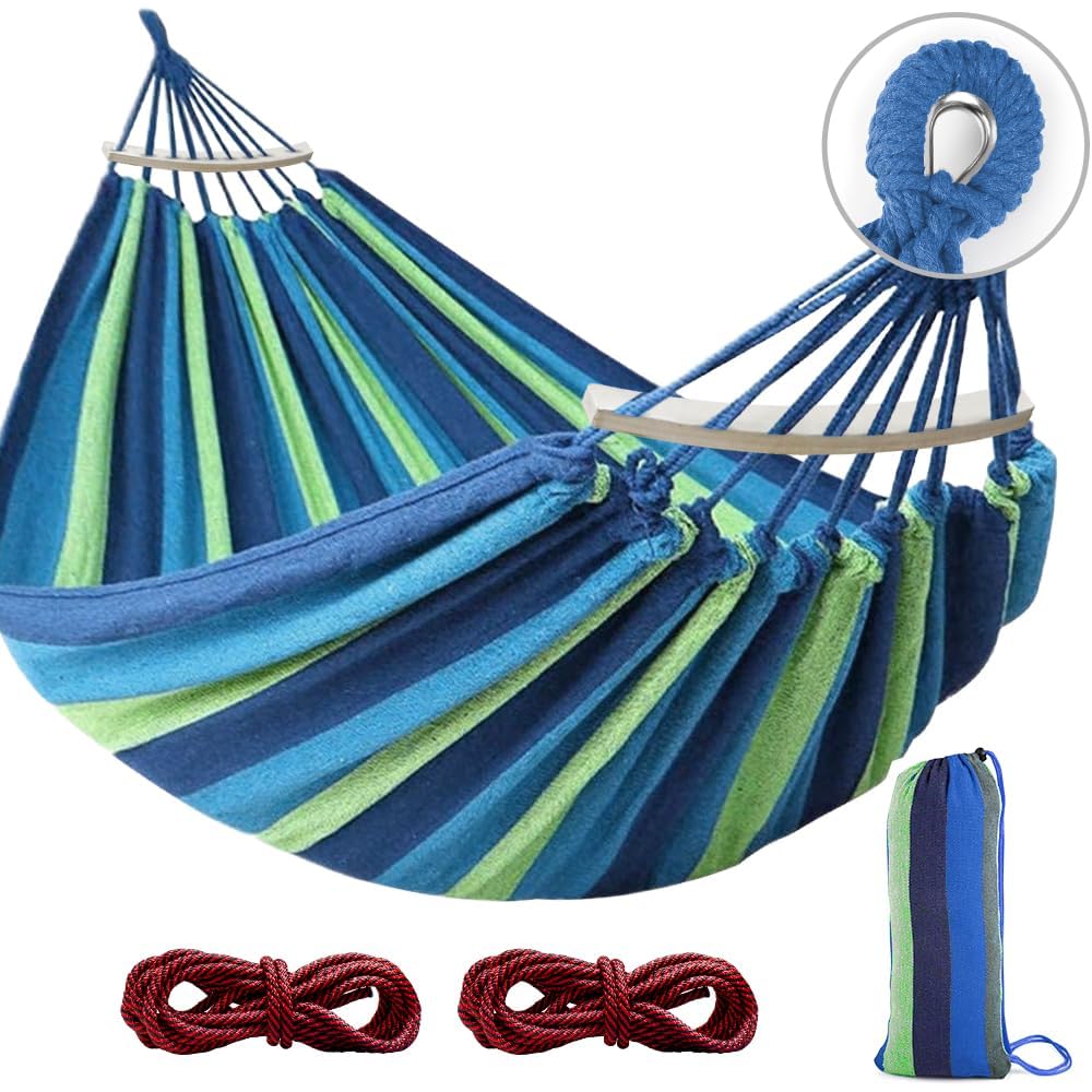 Dwiza Enterprise Soft Cotton Hammock Swing for Adults | Canvas Travel Hammocks with Two Anti Roll Balance Beam, Sturdy Metal Knot & Whiter Ropes | Portable Beach Swing Bed (280 * 100cm, Blue)-image-3