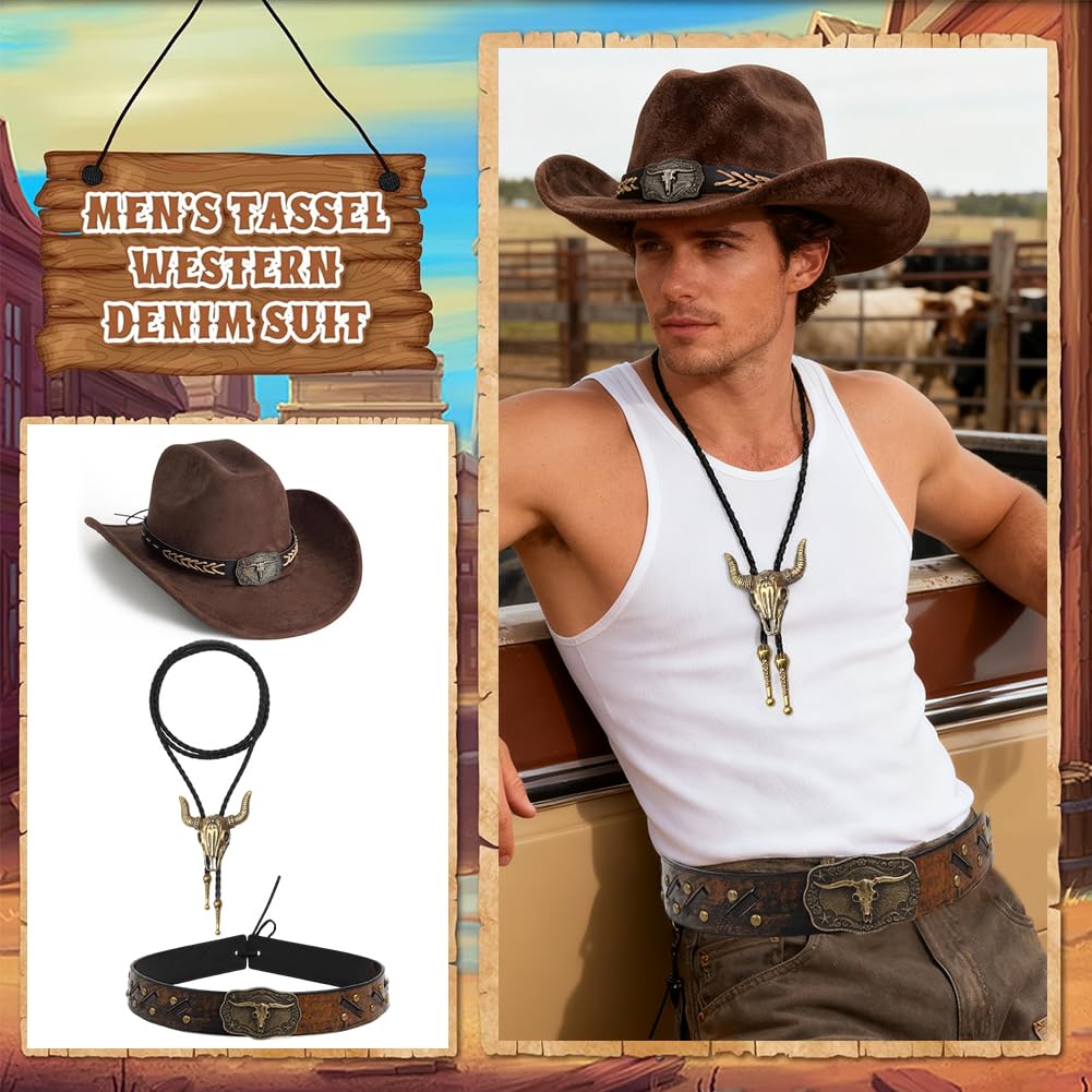 Chapeau et Accessoires Style Western Cowboy, Tenue de Déguisement pour Carnaval, Halloween, Idée Cadeau Noël et Anniversaire