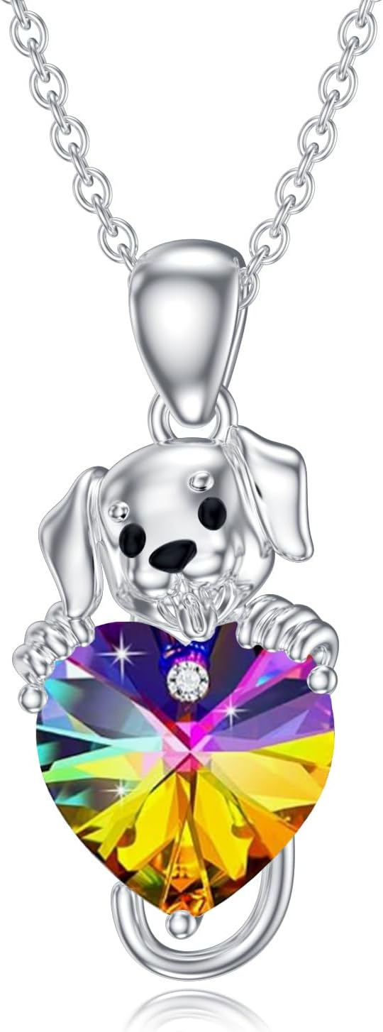 Dog Necklace for Women 925 Sterling Silver Dog Holding Crystal Pendant Necklace for Gifts