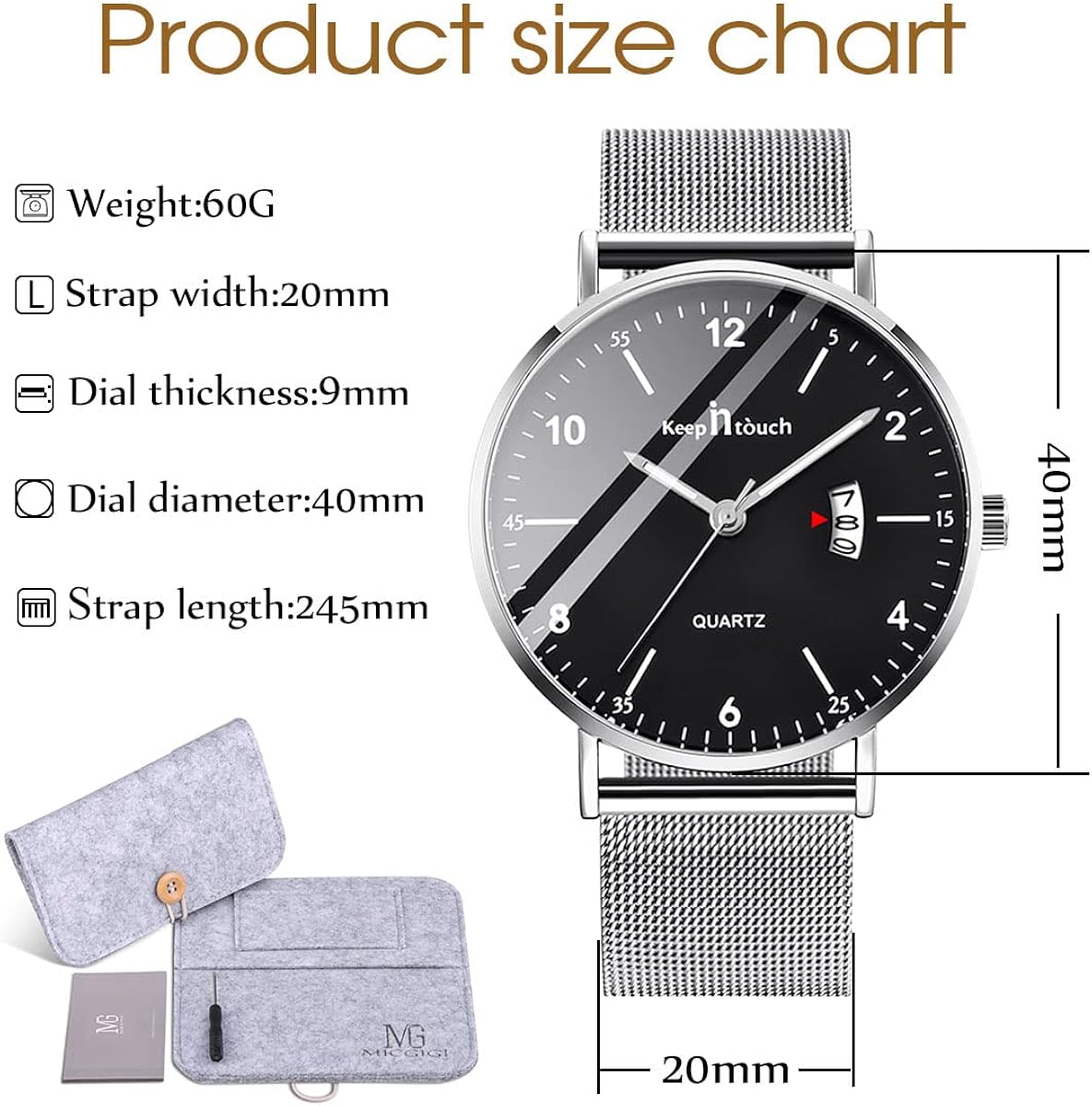 MICGIGI Men's Analog Quzrtz Watches Ultra Thin Waterproof Wrist Watch with Stainless Steel Mesh Strap, Silver+black - Image 3